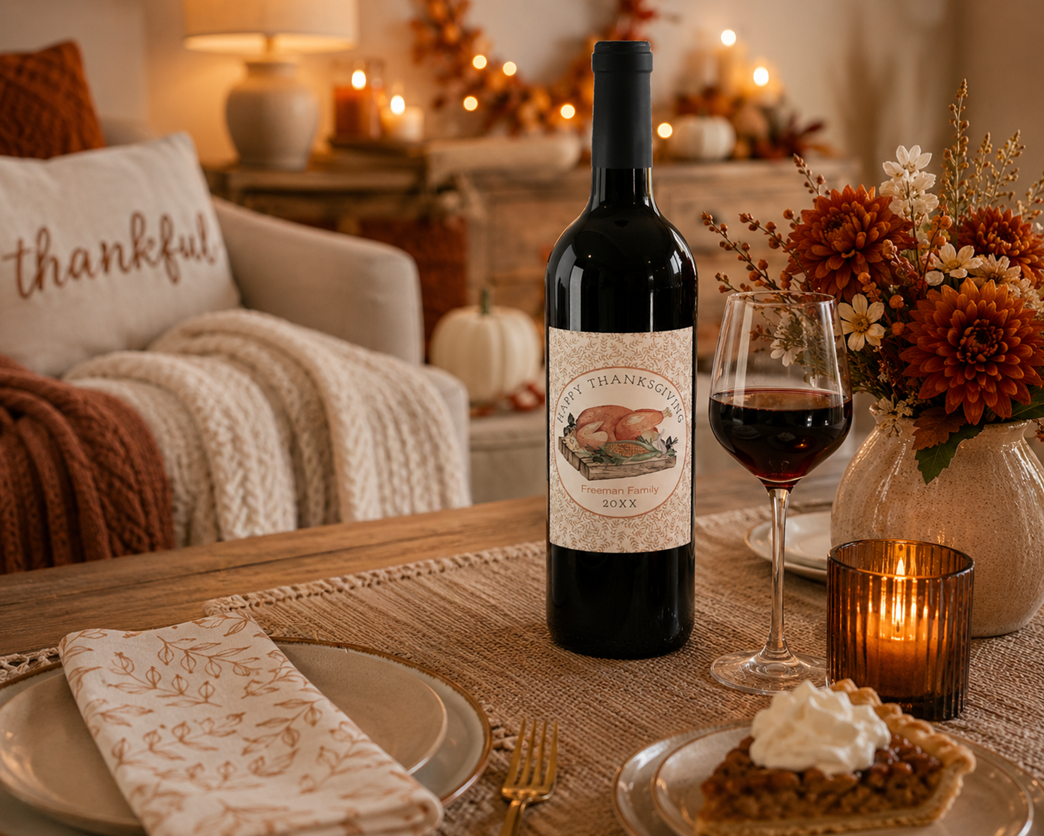 Cozy autumn Friendsgiving scene featuring a personalized Thanksgiving wine bottle label, candlelight, pie, fall florals, layered blankets, seasonal table décor, and warm ambient lighting in a welcoming living space.