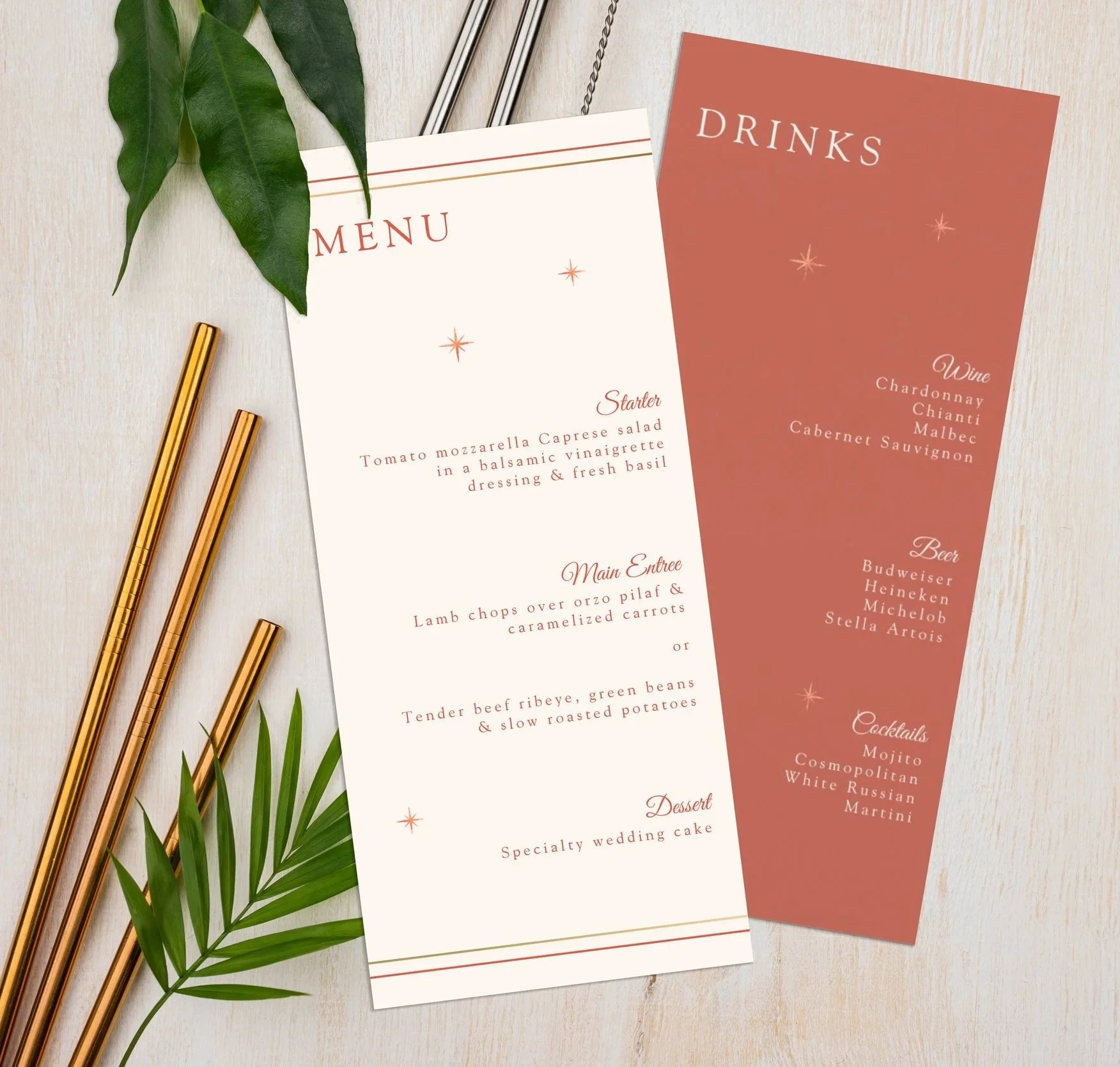 Terracotta celestial wedding menu card for boho moon phase wedding reception