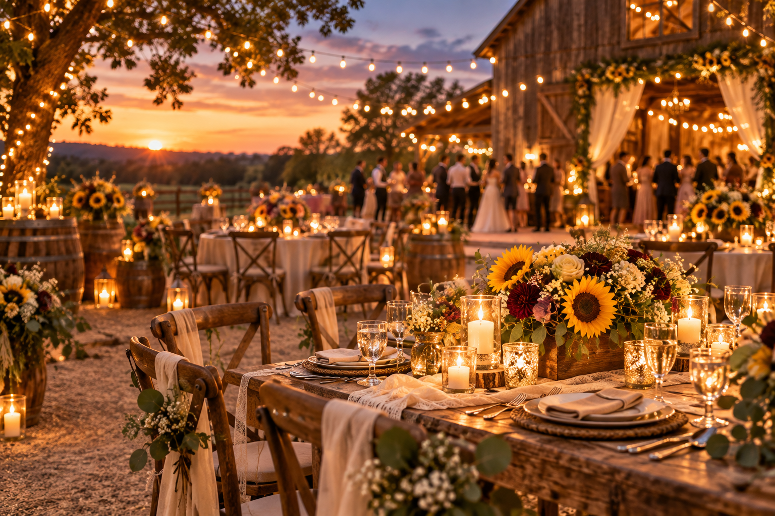 Wide twilight view of a rustic barn wedding reception with glowing string lights, softly set tables, candles, sunflower arrangements, and a warm romantic atmosphere with guests blurred in the background.