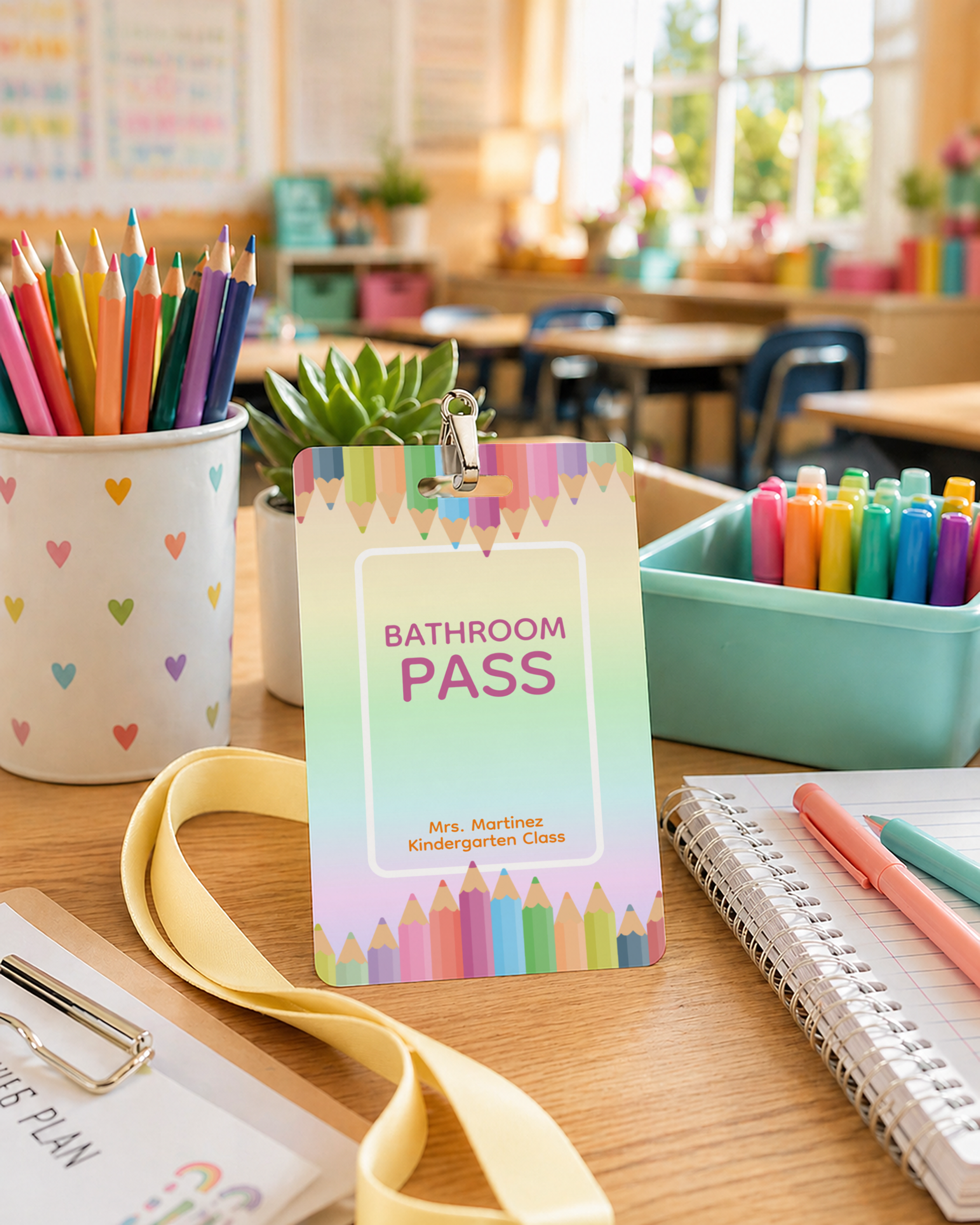 Teacher desk badge standing upright