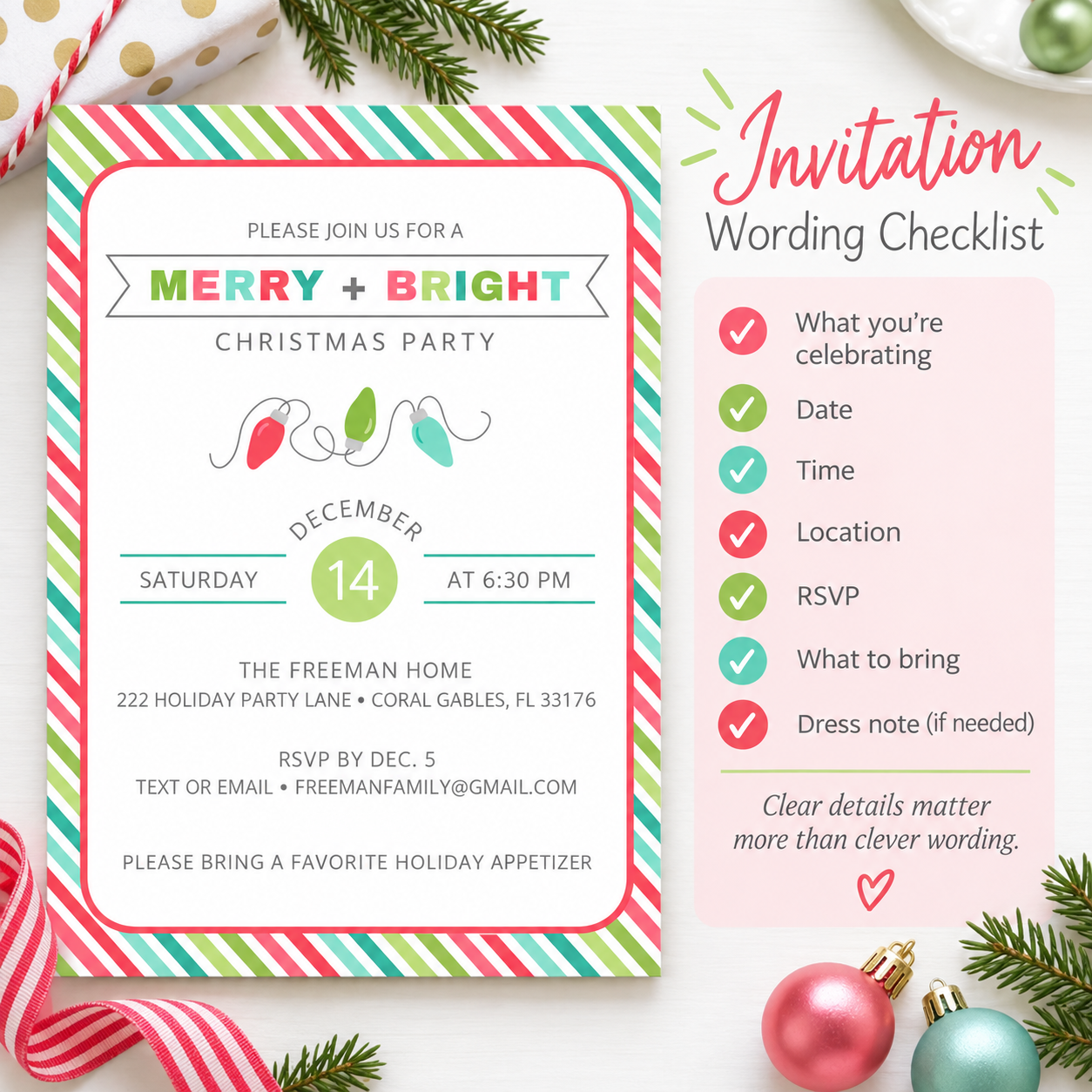 Merry and Bright Christmas party invitation beside a wording checklist showing what to include: celebration, date, time, location, RSVP, what to bring, and an optional dress note.