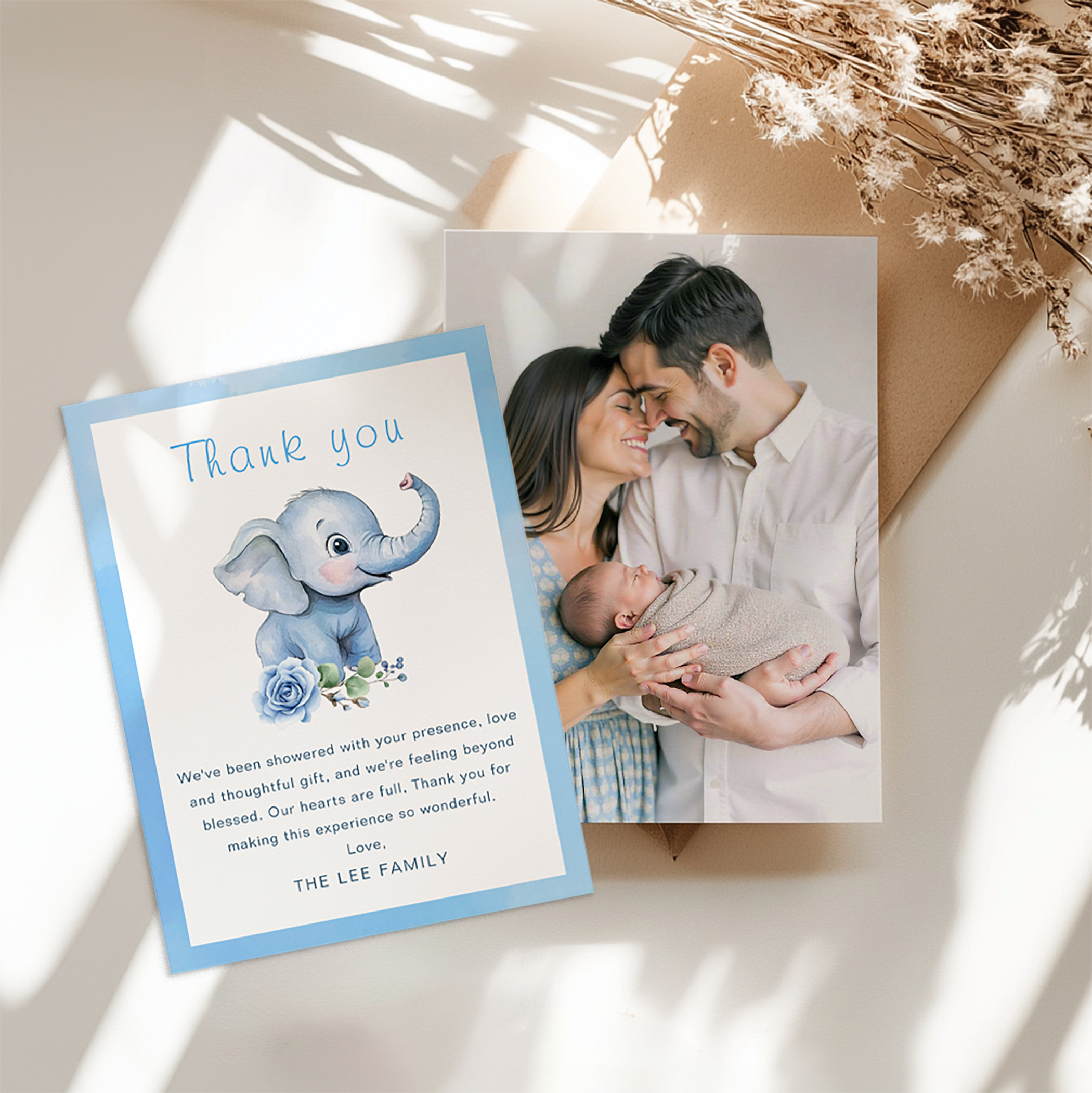 Blue elephant baby shower thank you card with watercolor design and family photo keepsake for baby boy shower