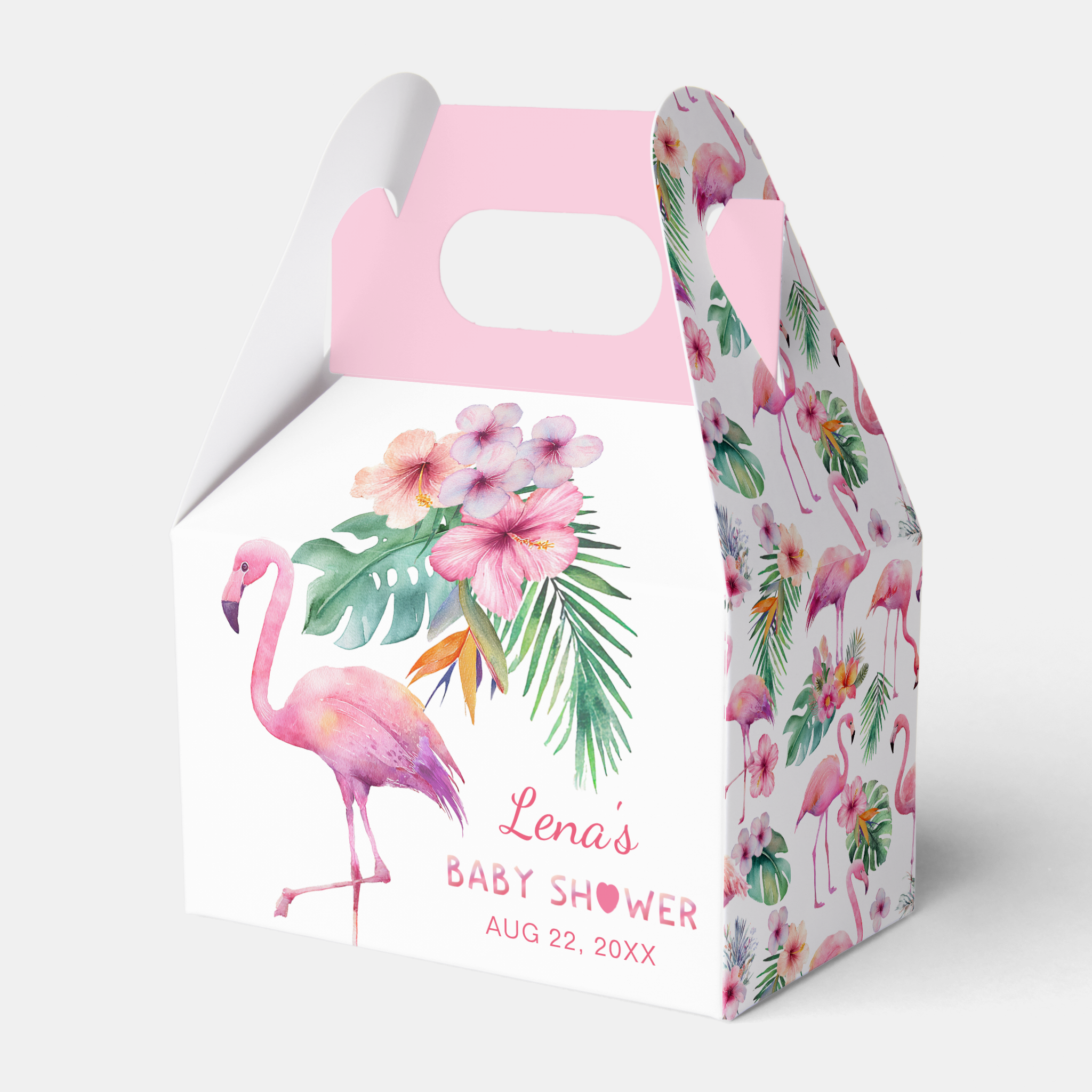 Tropical flamingo baby shower favor box with pink flamingo and flowers