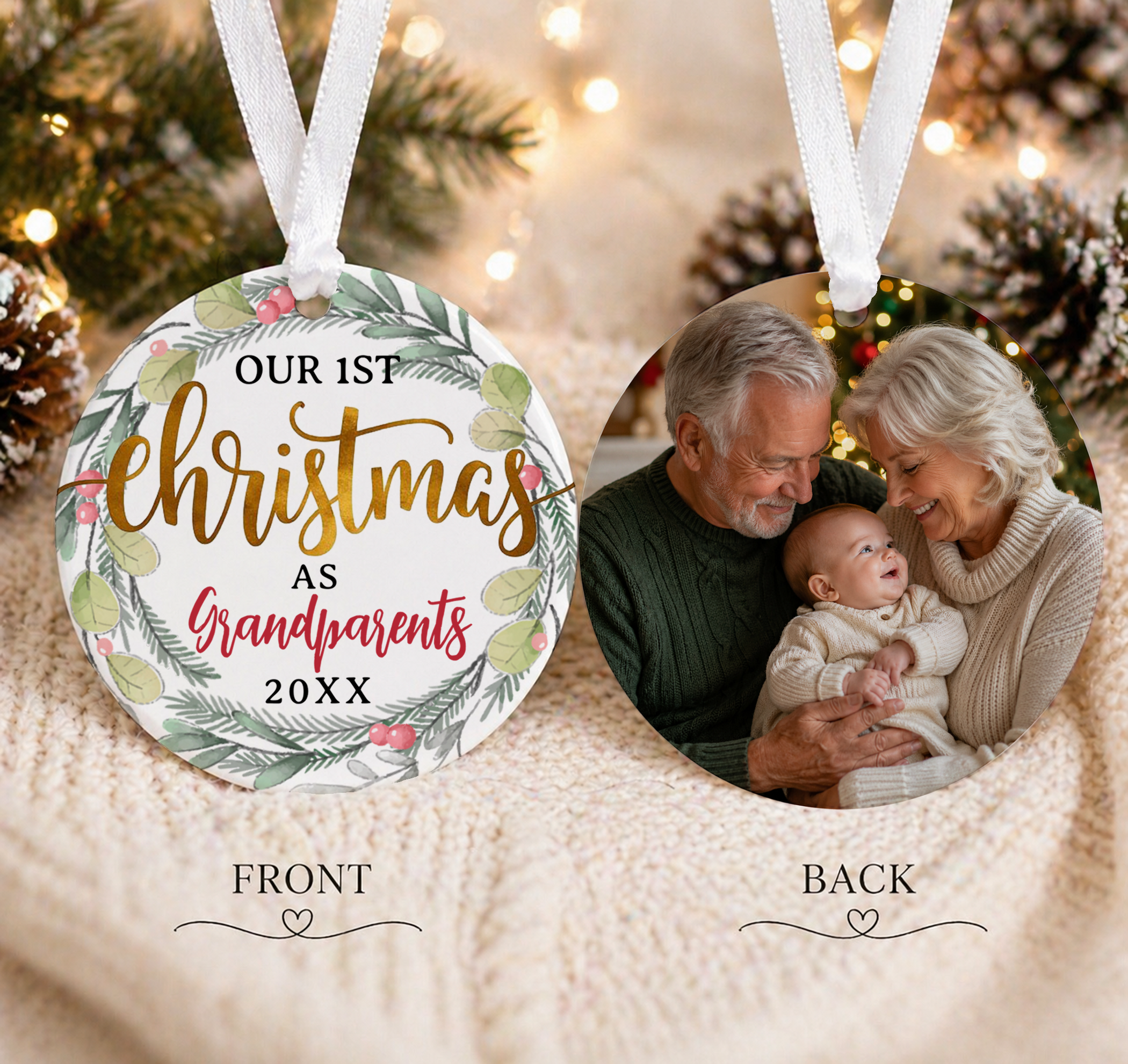 Two-sided personalized Christmas ornament displayed on a cozy knit background. Front features “Our 1st Christmas as Grandparents” with watercolor greenery wreath, back features a photo of grandparents holding their baby grandchild.