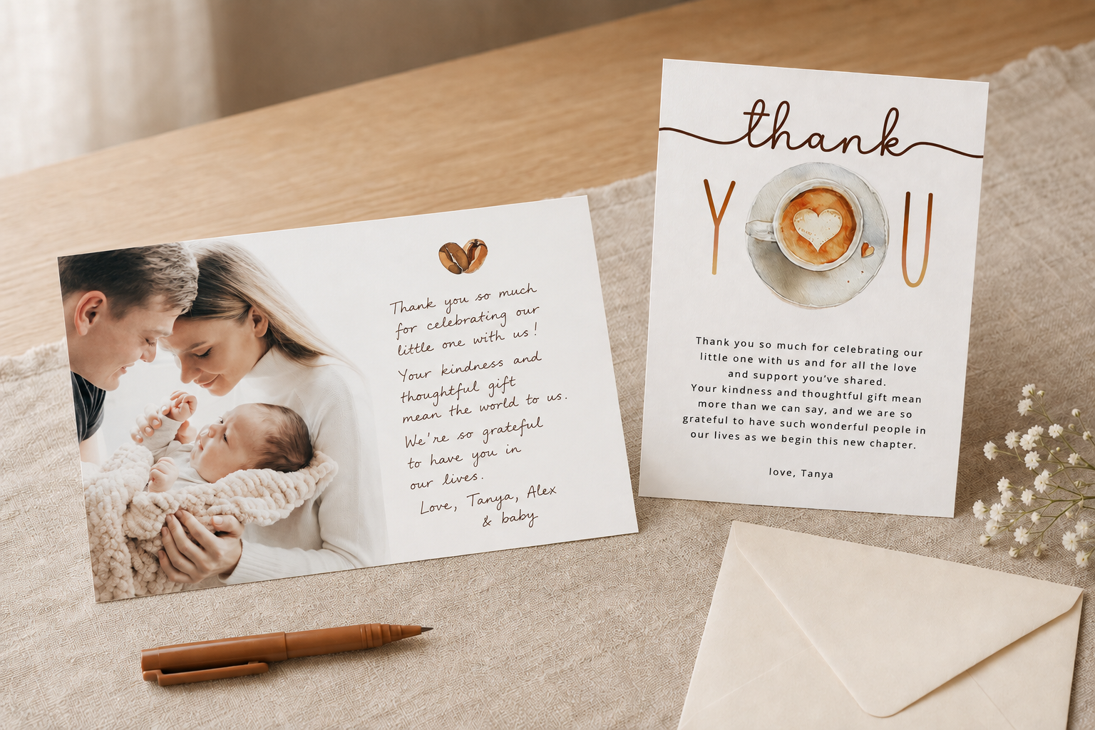 Coffee-themed baby shower thank-you cards featuring a prewritten message and a family photo with a handwritten note.