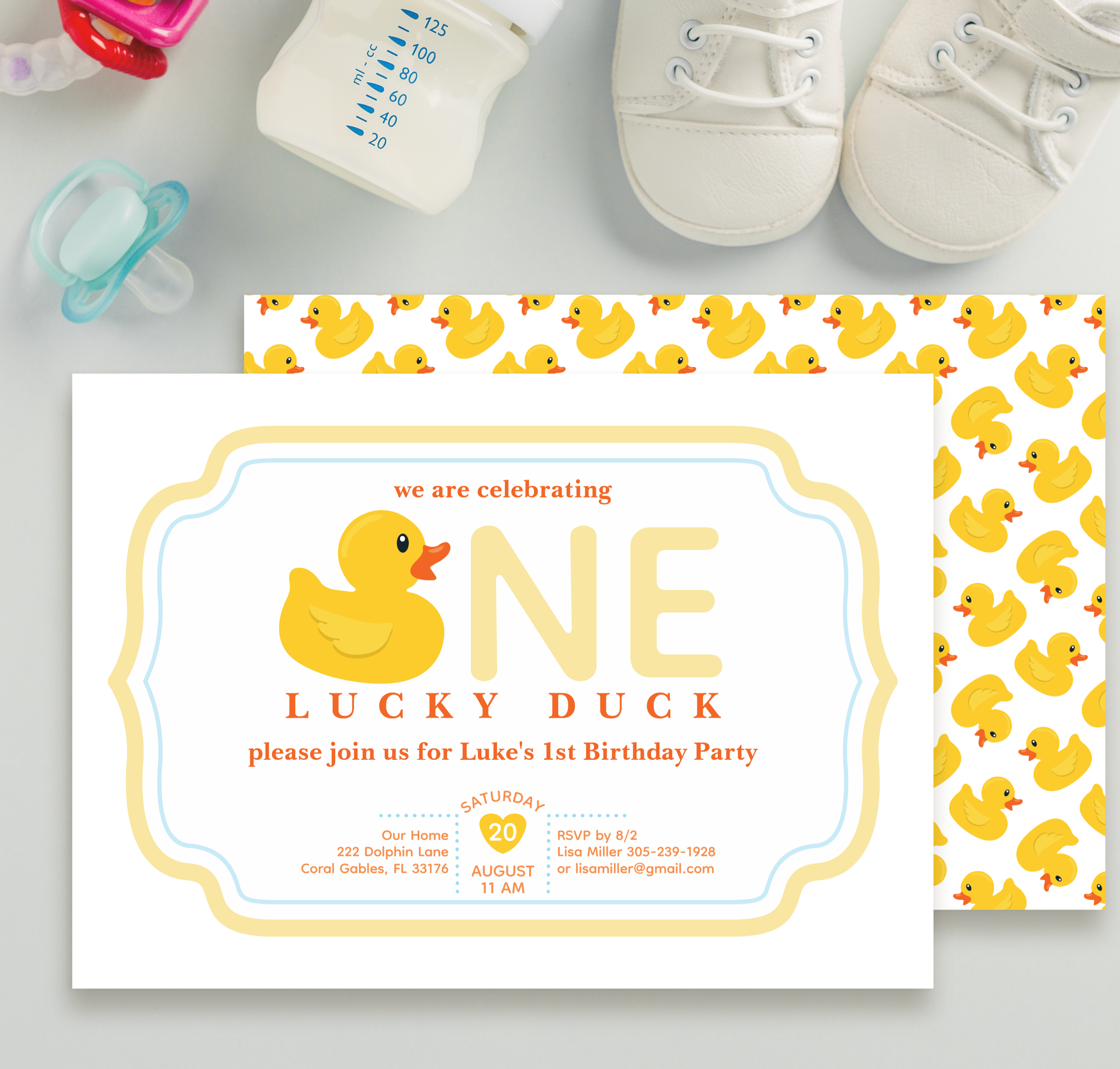 One Lucky Duck first birthday invitation with yellow duck theme