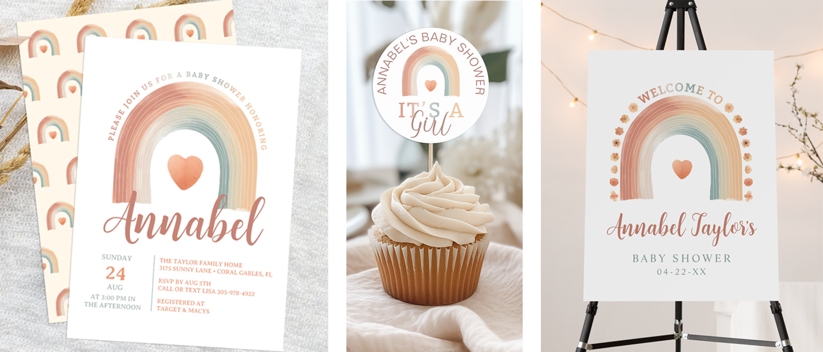 Boho rainbow baby shower theme featuring a pastel rainbow invitation, matching cupcake topper, and welcome sign with soft terracotta, peach, and sage tones.