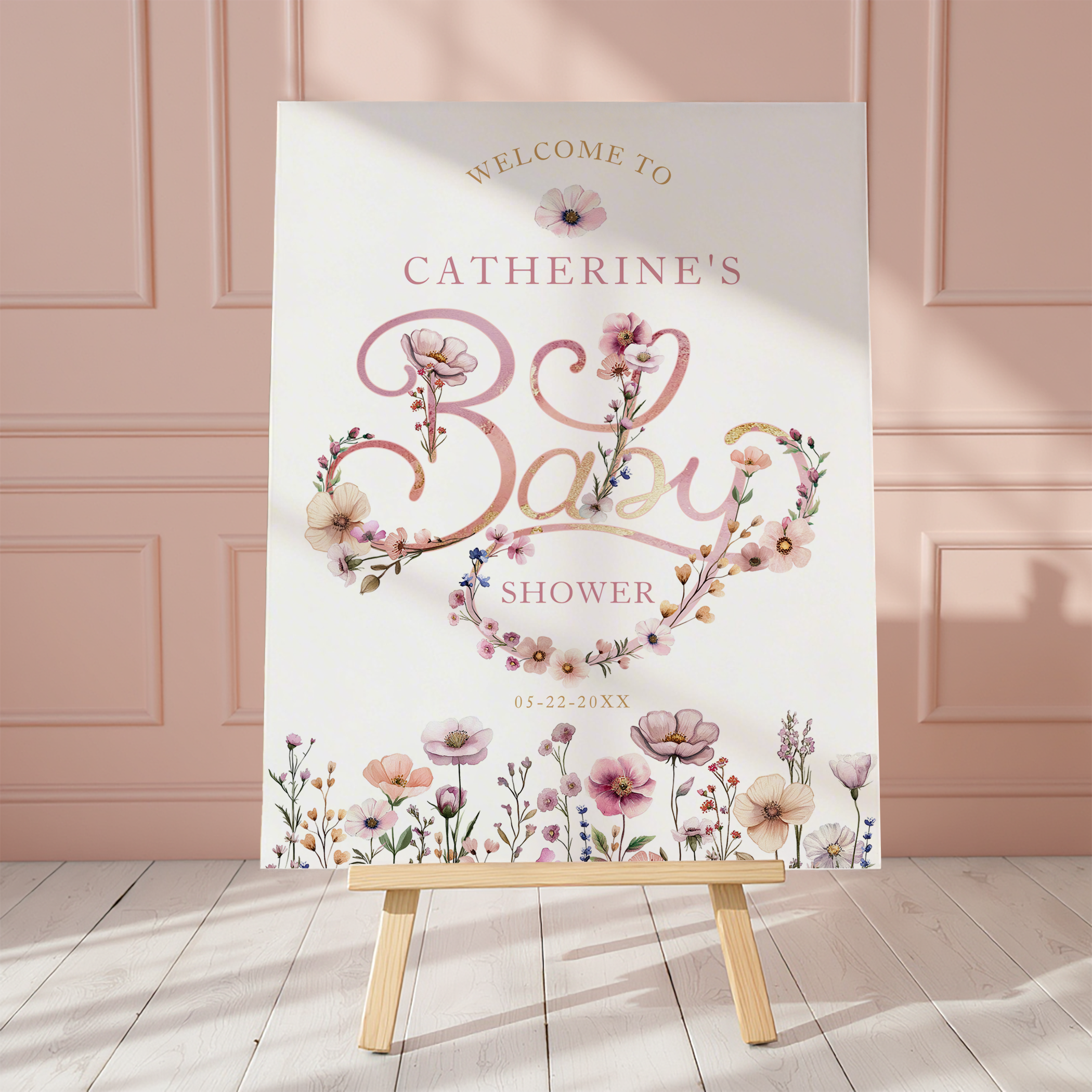 Baby in Bloom wildflower baby shower welcome sign with soft blush florals.
