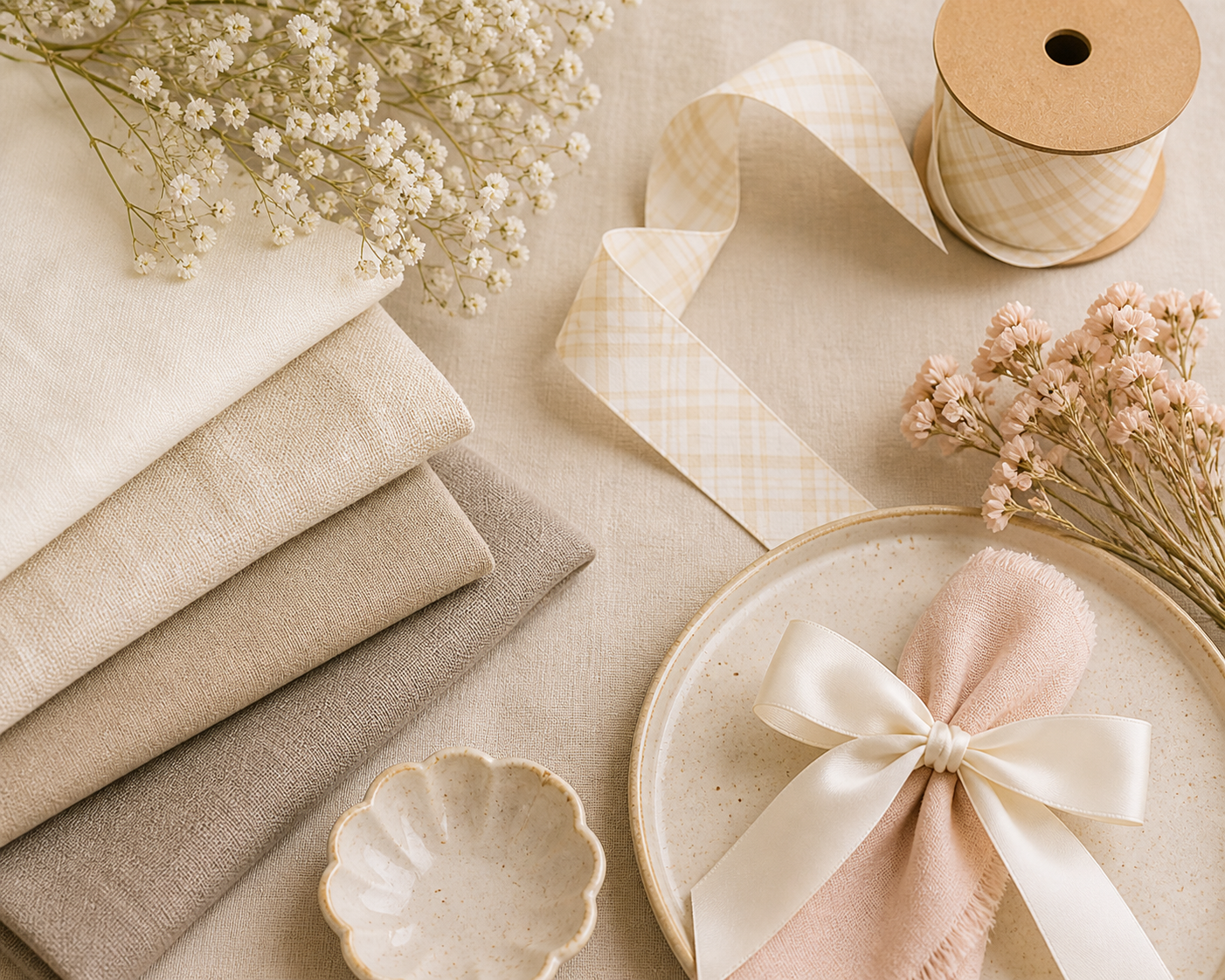 Flat lay of neutral baby shower decor featuring folded linen fabrics in ivory, taupe, and beige, blush accents, baby’s breath flowers, plaid ribbon, and ceramic tableware styled on a warm textured backdrop.