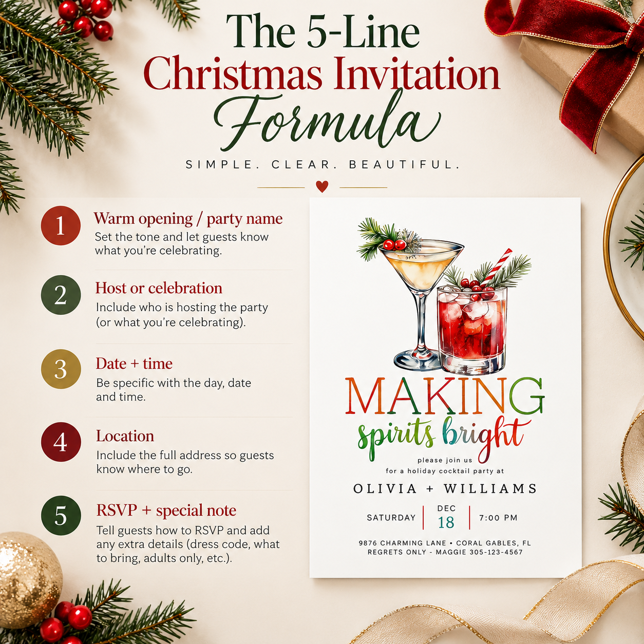 Christmas invitation formula infographic showing five essential lines—warm opening or party name, host, date and time, location, and RSVP or special note—beside a straight-on Making Spirits Bright holiday cocktail party invitation.