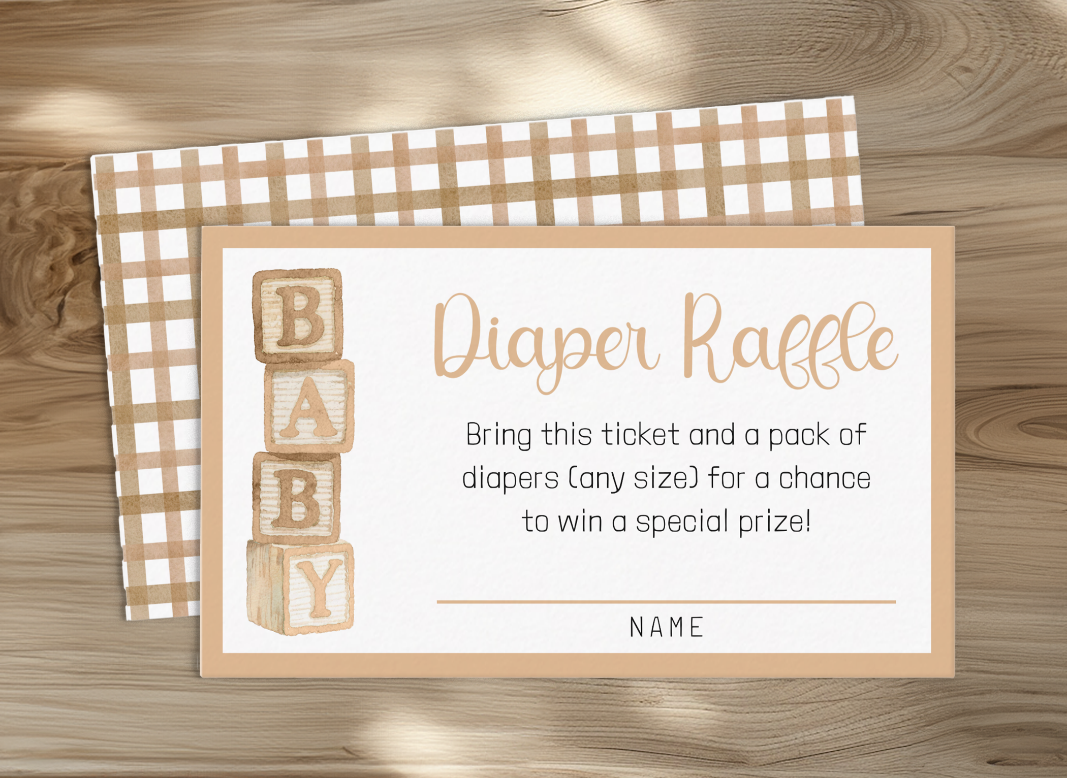 Neutral taupe diaper raffle card with baby blocks theme and gingham border.