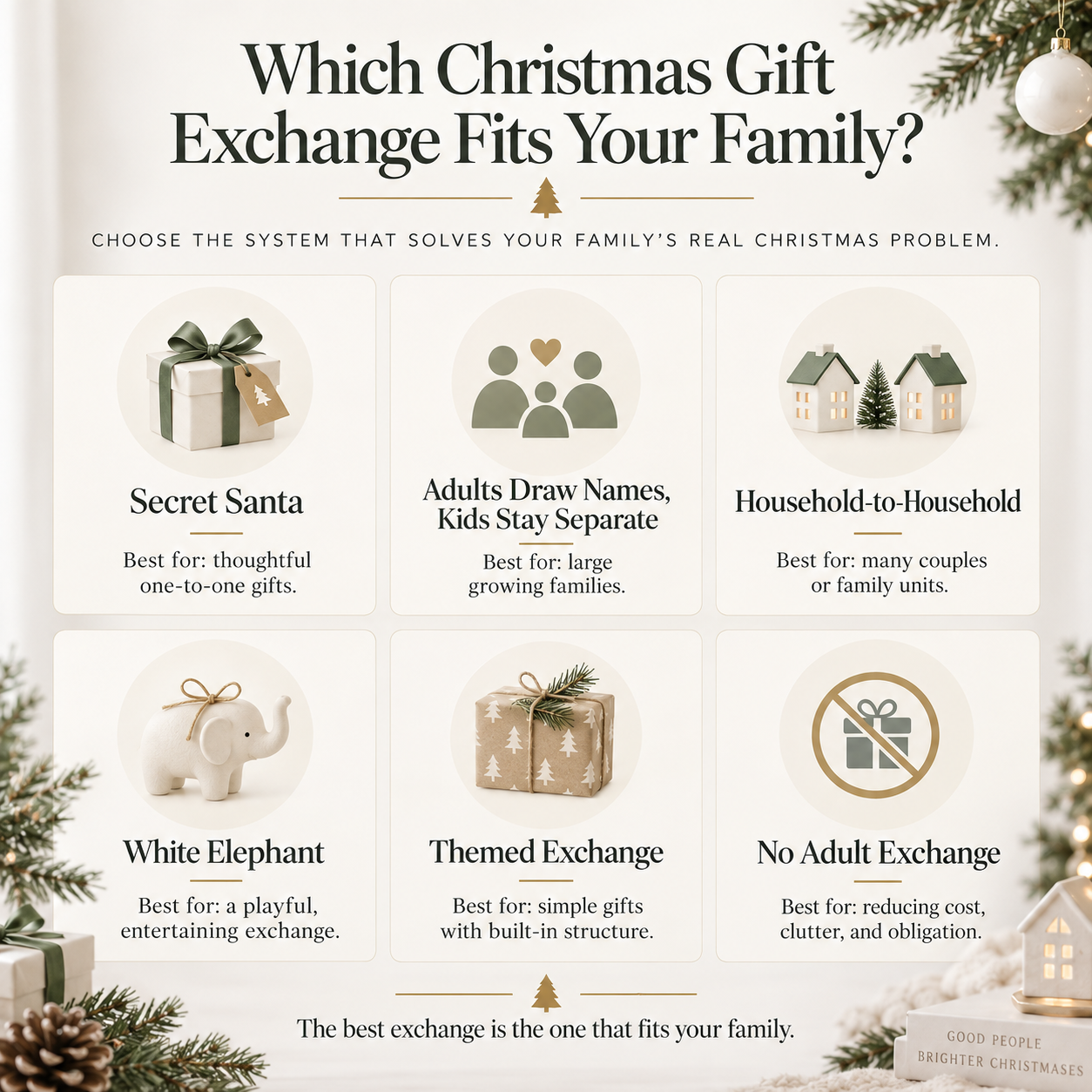Christmas gift exchange comparison infographic showing Secret Santa, adults drawing names while kids stay separate, household-to-household gifts, White Elephant, themed exchanges, and no adult gift exchange.