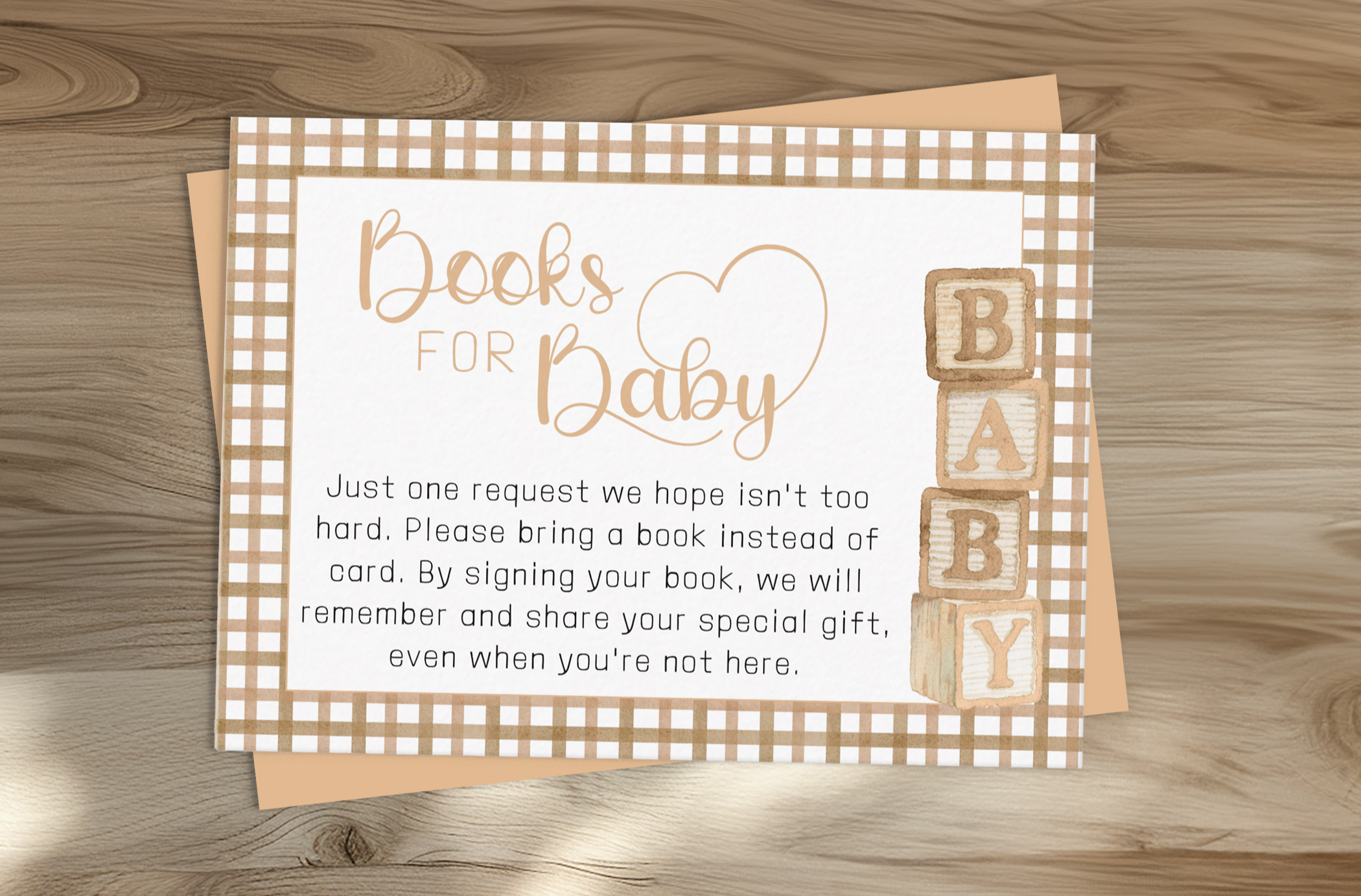 Taupe baby blocks books for baby insert card requesting guests bring a book instead of a card.