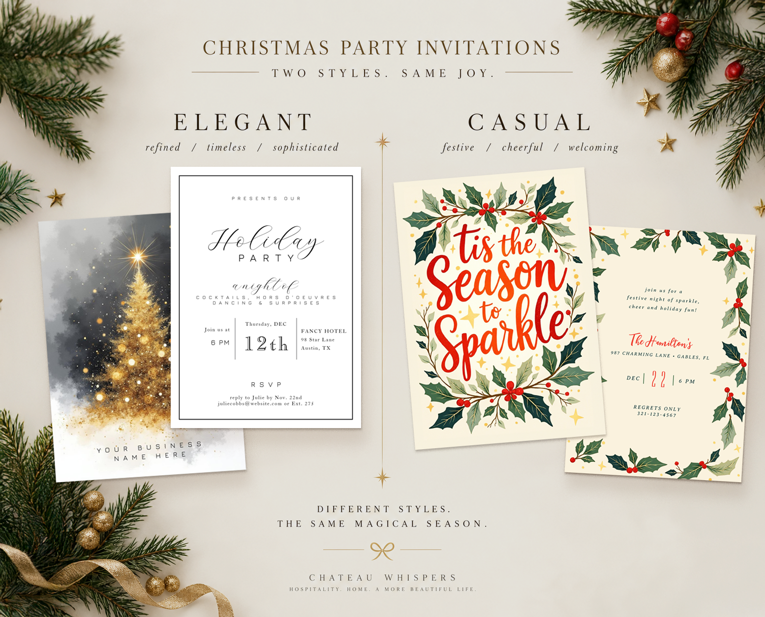 Side-by-side comparison of elegant and casual Christmas party invitations, showing a refined black-and-gold holiday party design and a cheerful holly-themed