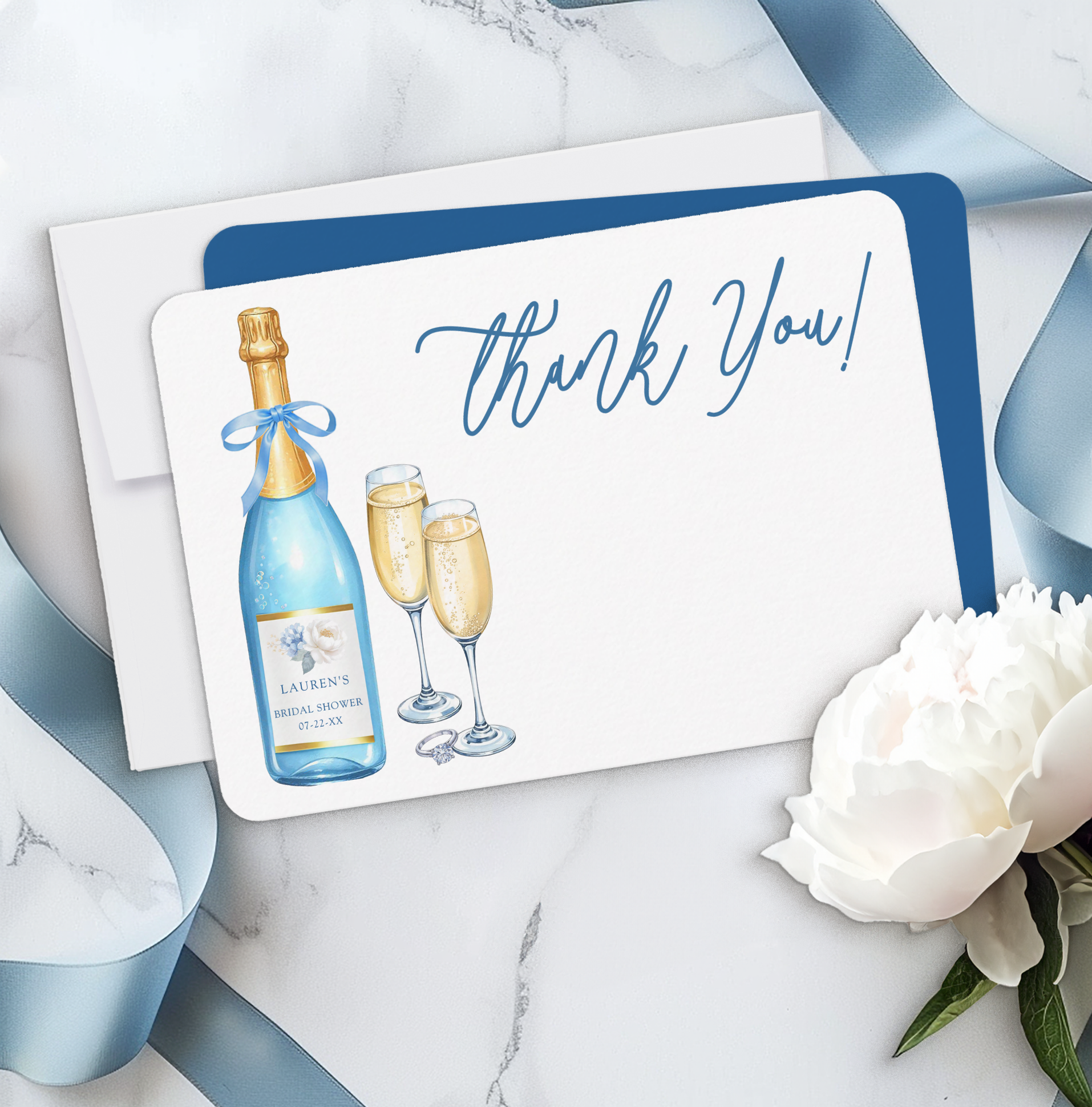 Flat bridal shower thank you card with watercolor champagne bottle and glasses, blue accents, and modern typography.