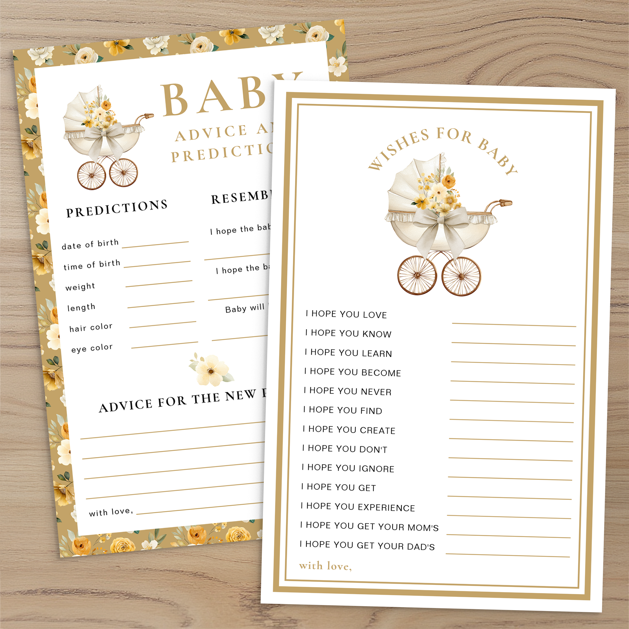 Baby advice and predictions game card in ivory and gold floral theme