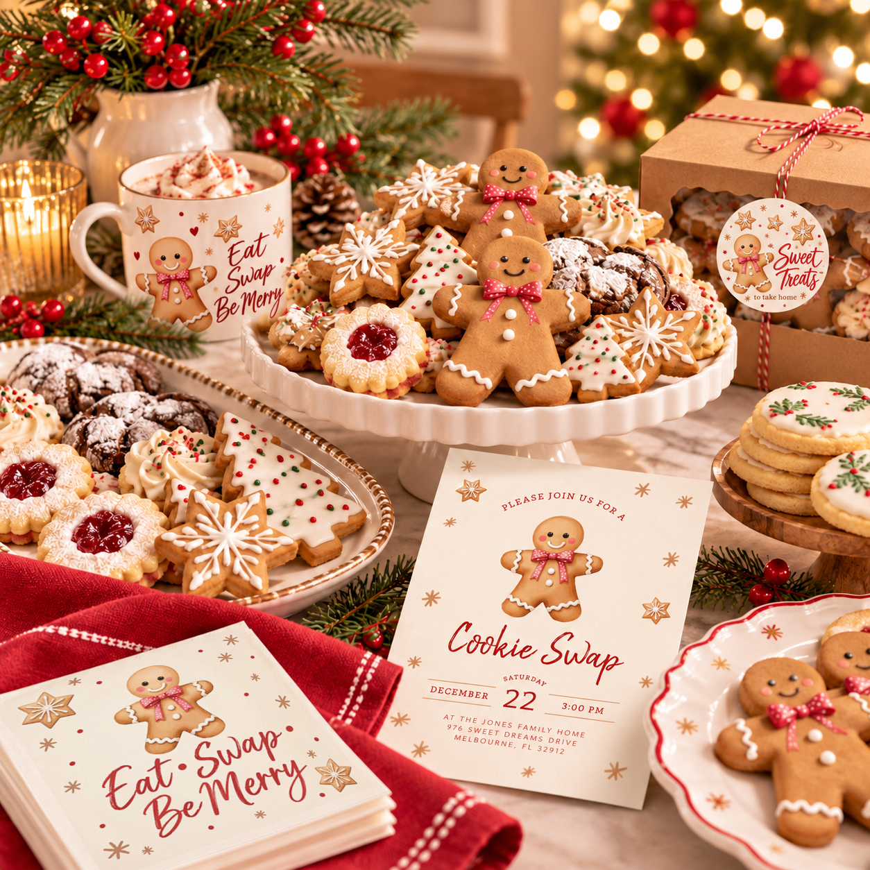 Christmas cookie exchange table with assorted holiday cookies, gingerbread mug, matching napkins, party invitation, and take-home treat box.