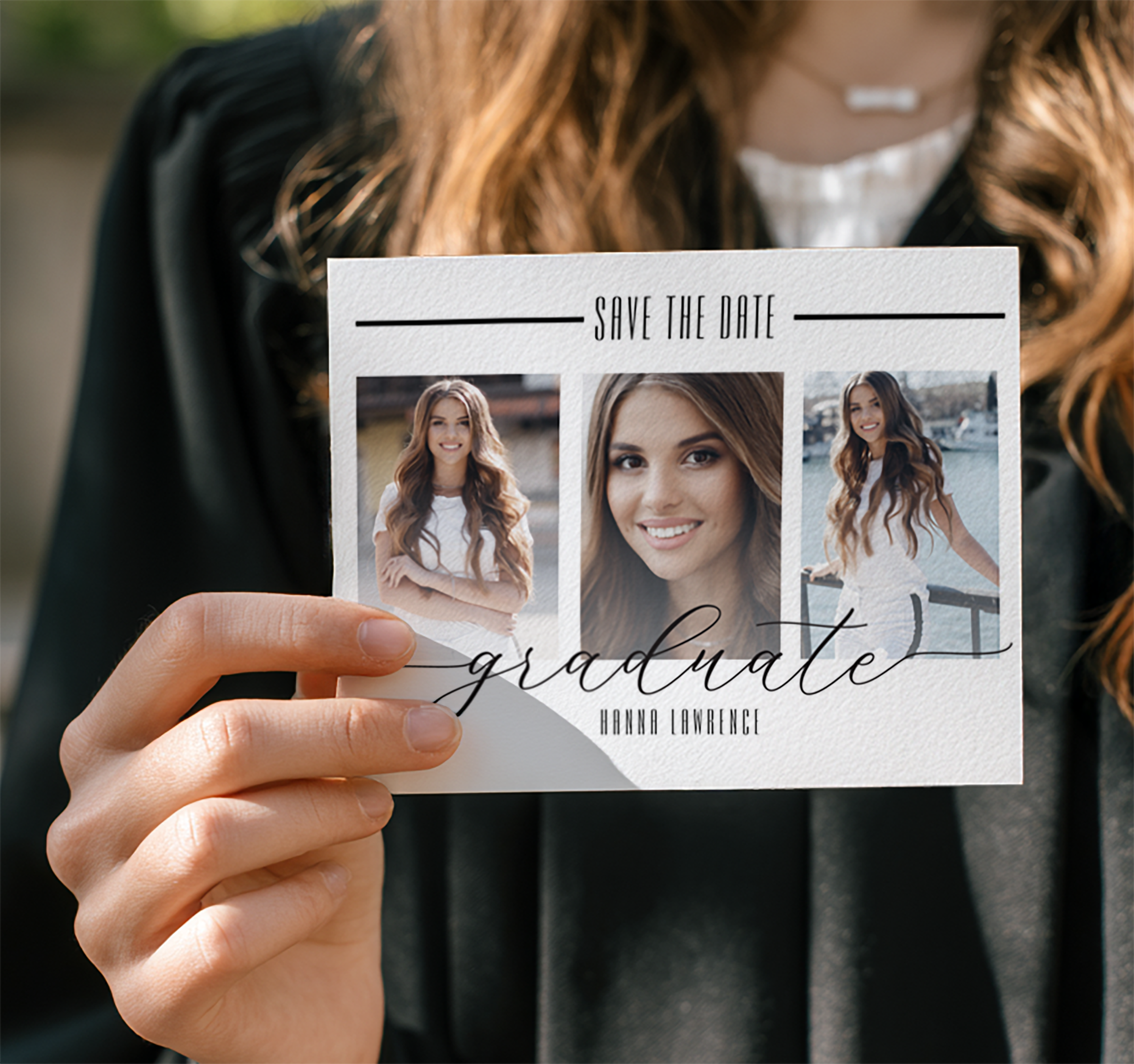 Woman holding modern black and white graduation save the date card with three senior photos and elegant script typography