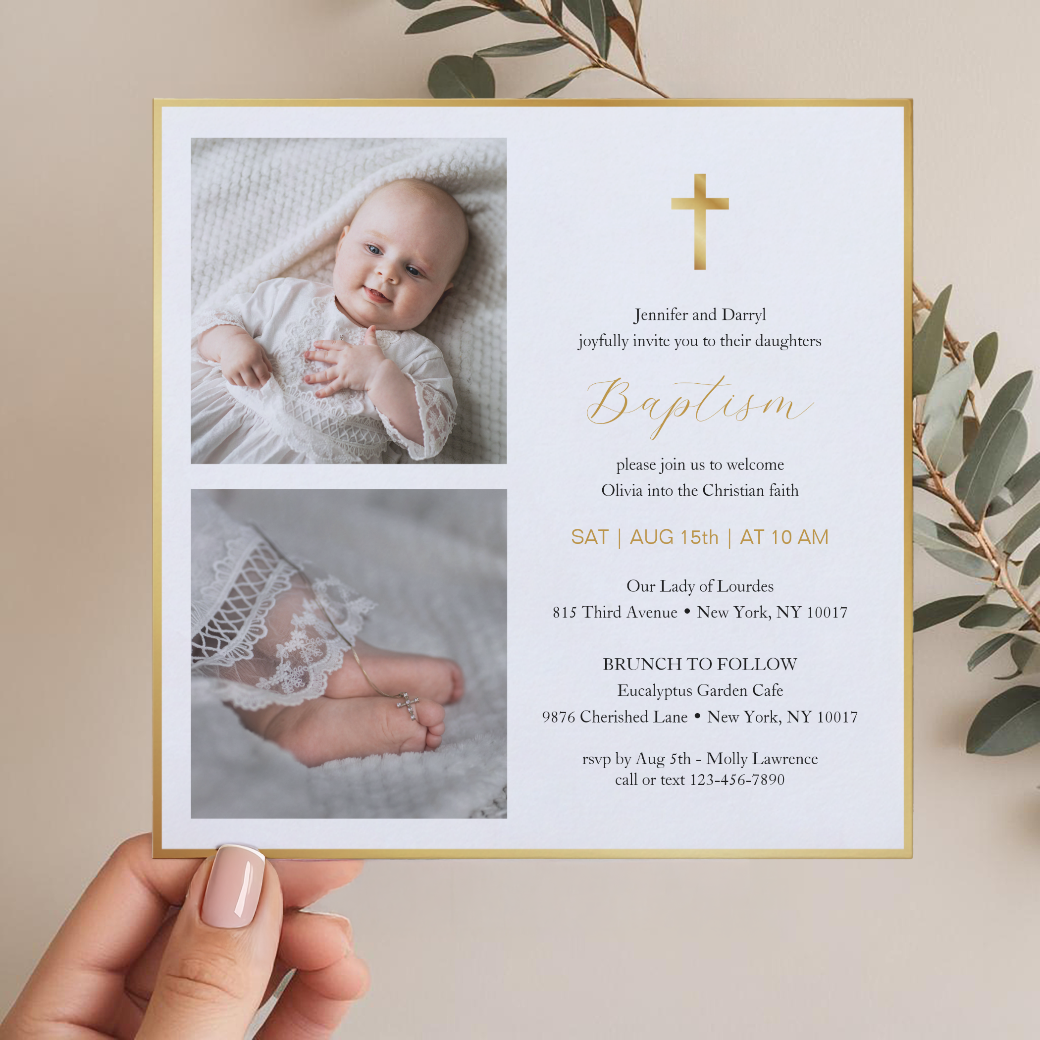Personalized baptism thank you card with baby photo, gold script lettering, and subtle greenery accents.
