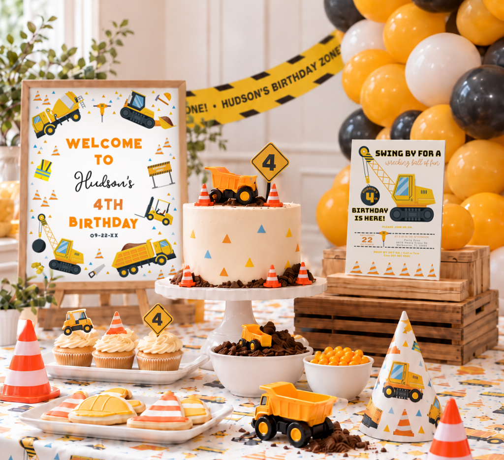 Construction birthday party table for a 4-year-old with dump trucks, cake, cupcakes, welcome sign, invitation, party hat, balloons, and construction-themed tablecloth.