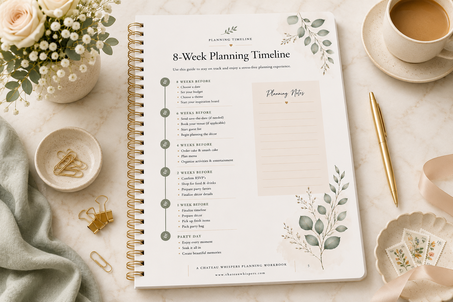 Lifestyle mockup of the Chateau Whispers First Birthday Planning Journal opened to the 8-Week Planning Timeline page, styled on a marble desk with coffee, flowers, gold stationery, ribbon, and soft botanical accents.