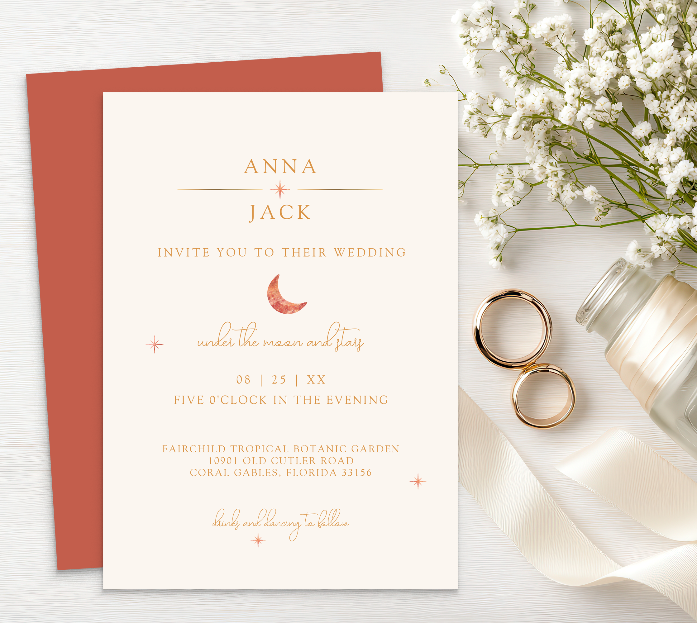 Terracotta moon and stars celestial wedding invitation with boho terracotta color palette