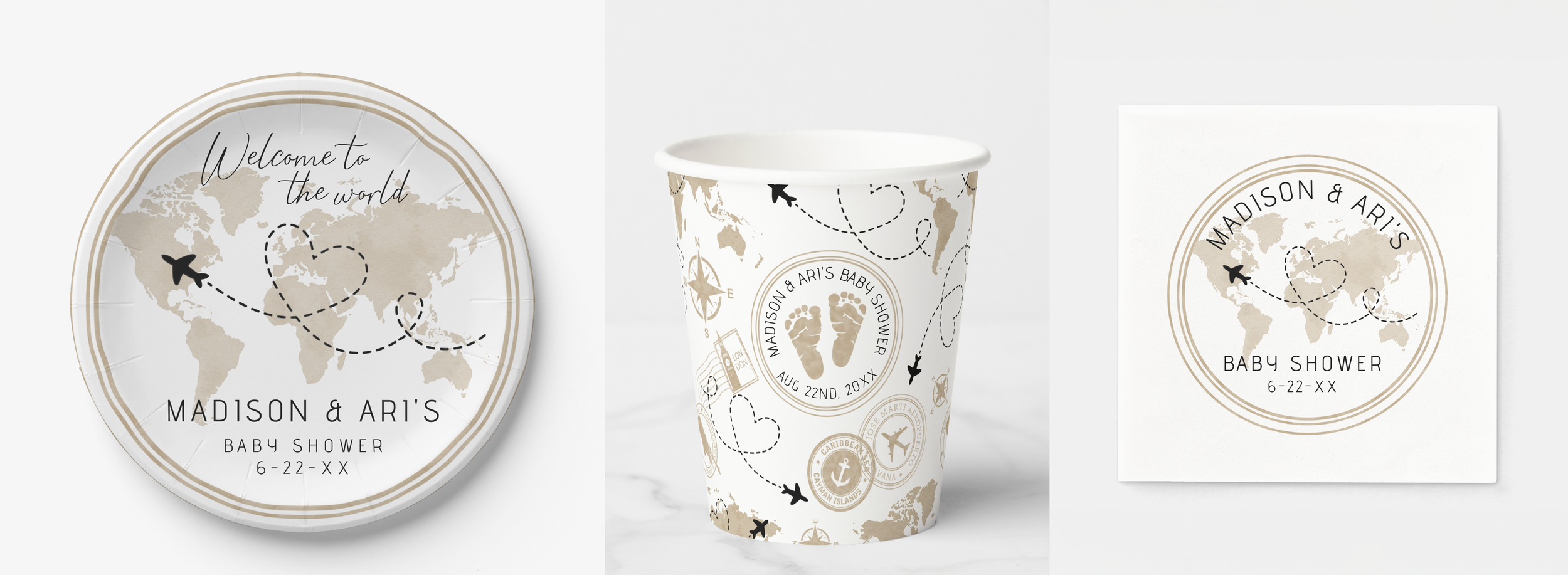 Travel baby shower tableware set with world map paper plates, adventure-themed cups, and matching neutral baby shower napkins.