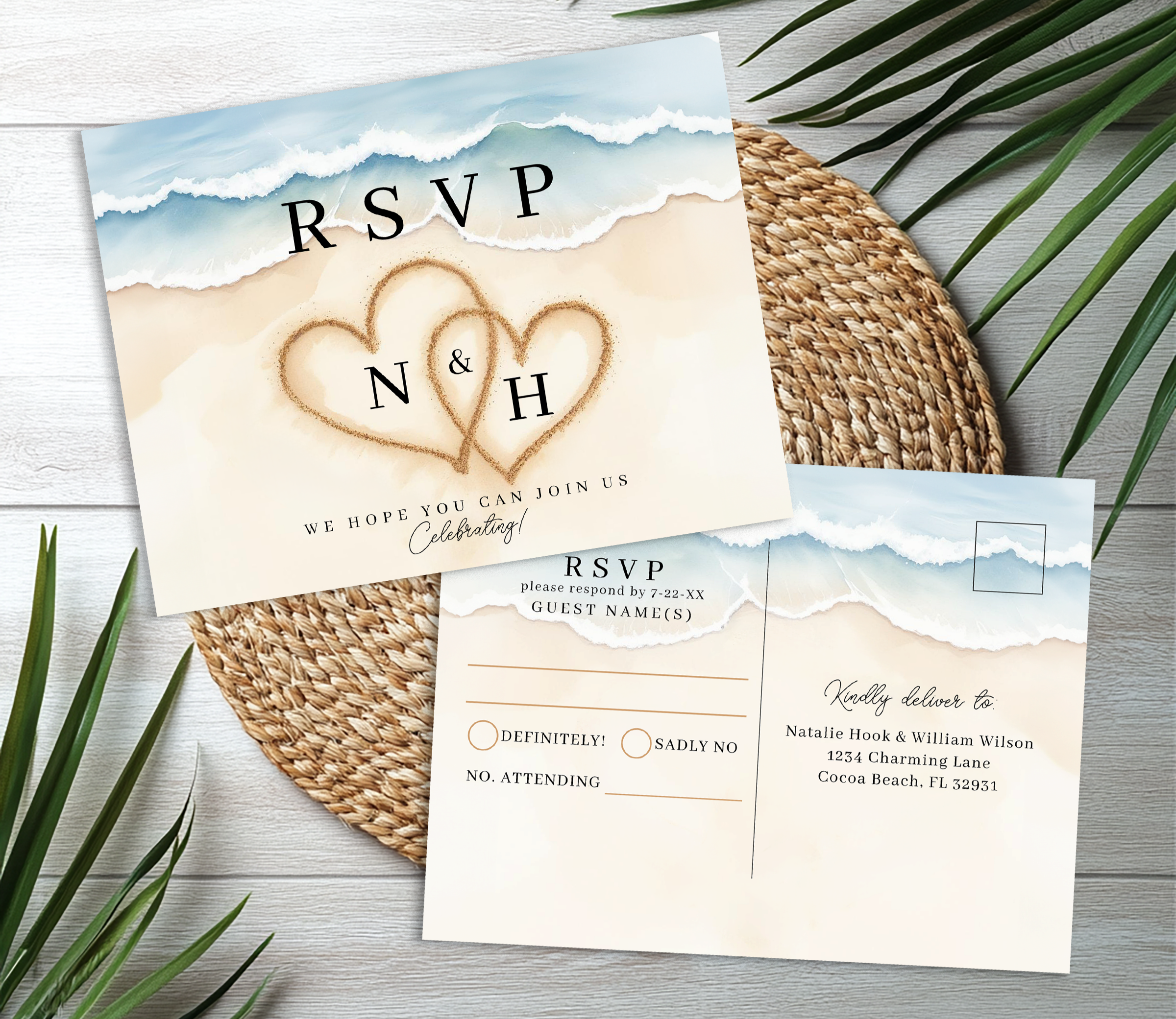 Beach wedding RSVP postcard with matching ocean wave artwork