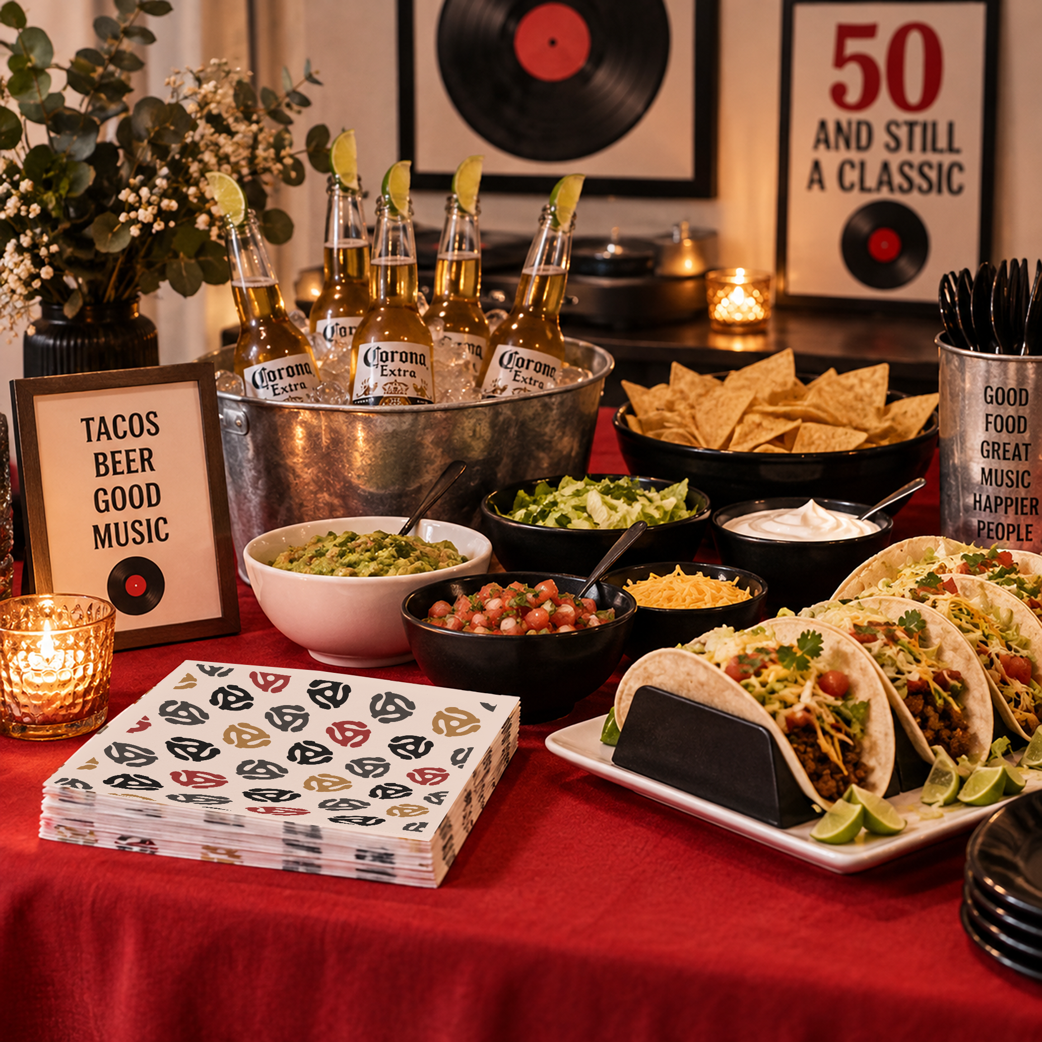 Vinyl record 50th birthday taco bar with tacos, chips, toppings, beer, red tablecloth, retro patterned napkins, candlelight, and music-themed party decor.