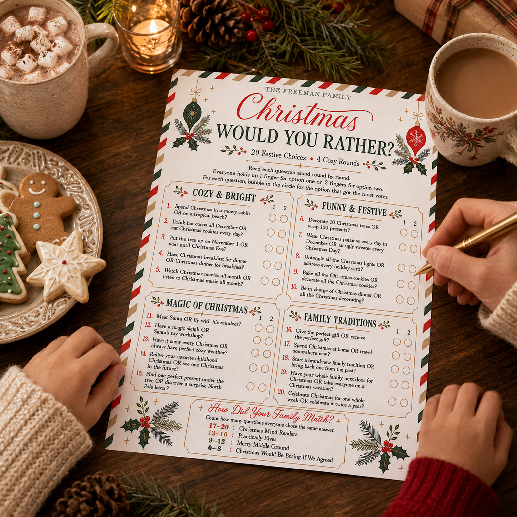 Family playing a Christmas Would You Rather game sheet at a cozy holiday table with hot cocoa, Christmas cookies, evergreen greenery, and festive decorations.