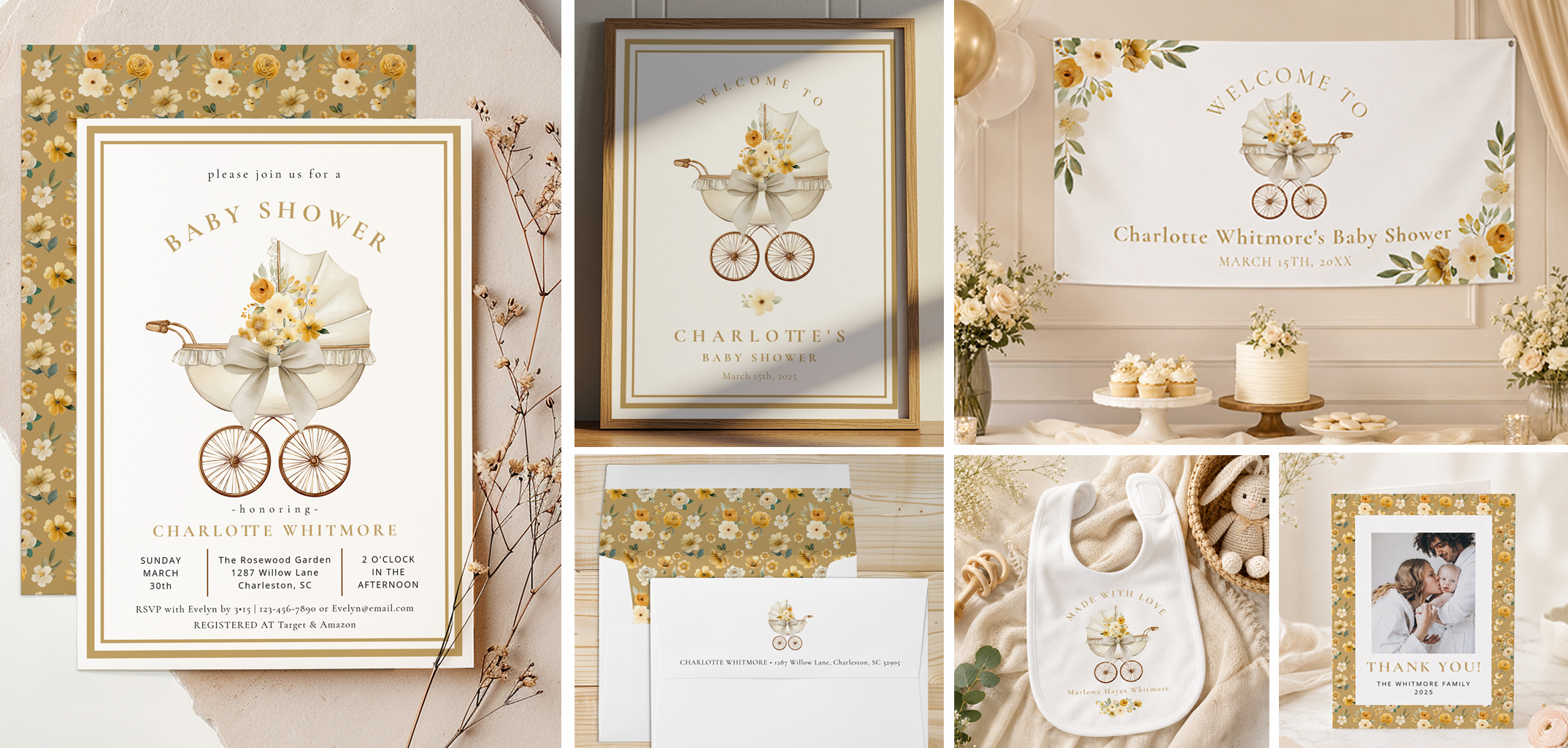 Collage of a coordinated floral pram baby shower collection with a baby shower invitation, framed welcome sign, dessert table banner, floral envelope liner, personalized baby bib, and matching thank you card in ivory, gold, and soft yellow tones.