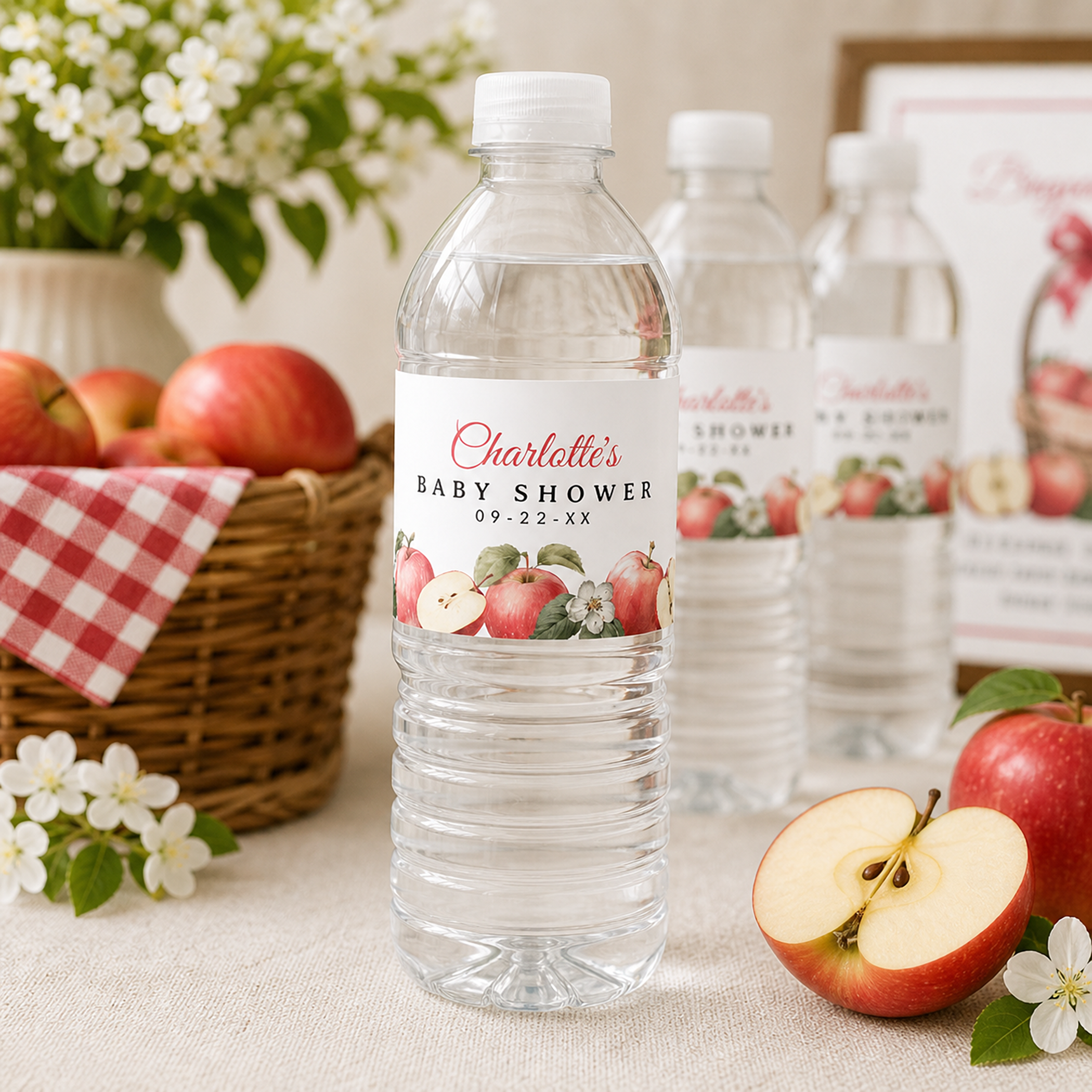 Apple-themed baby shower water bottles with personalized labels displayed beside fresh apples, white blossoms, and gingham accents on a styled party table.
