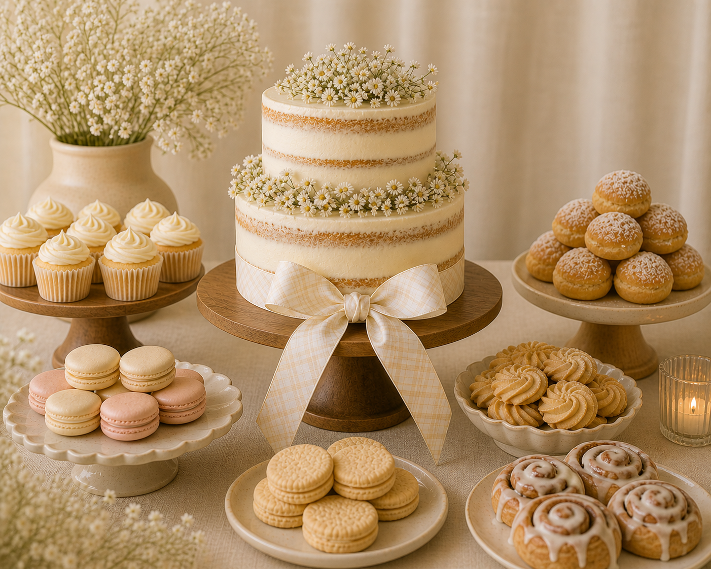Neutral baby shower dessert table featuring a two-tier naked cake with baby’s breath flowers, surrounded by cupcakes, macarons, cookies, and cinnamon buns on wooden stands in warm beige tones.