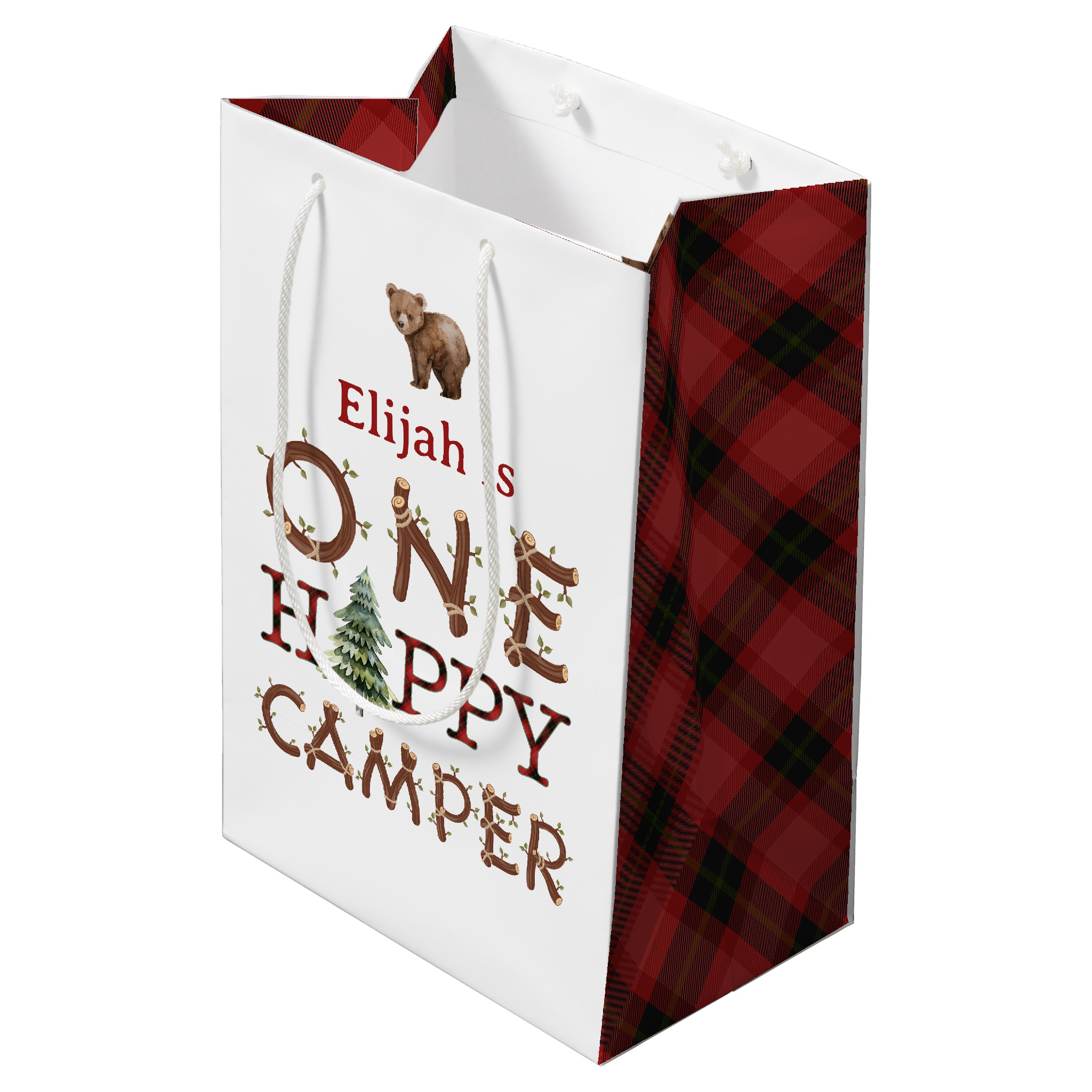 One Happy Camper rustic plaid birthday party favor gift bag for first birthday celebration