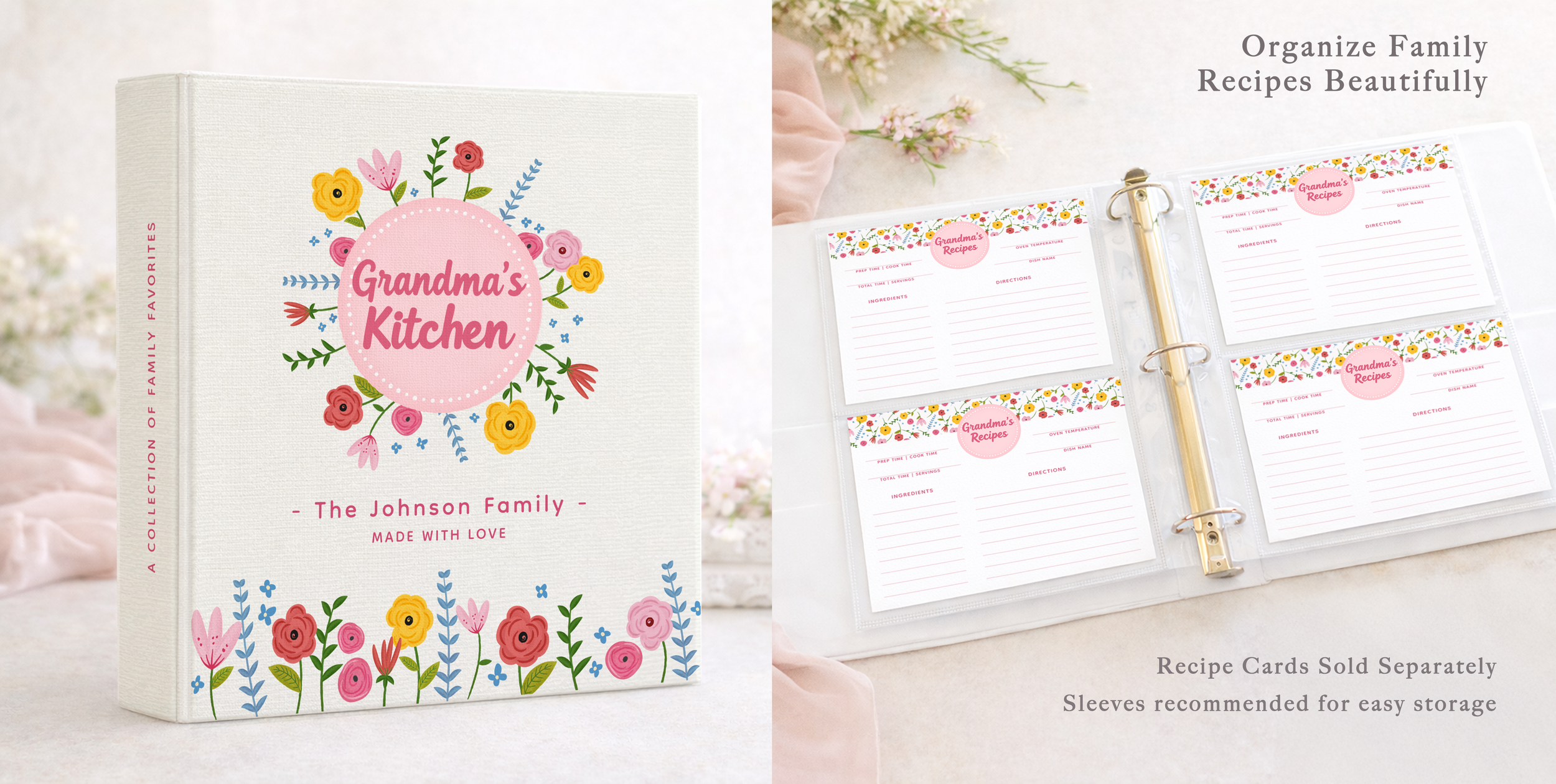 Grandma recipe binder open with recipe cards organized inside protective sleeves