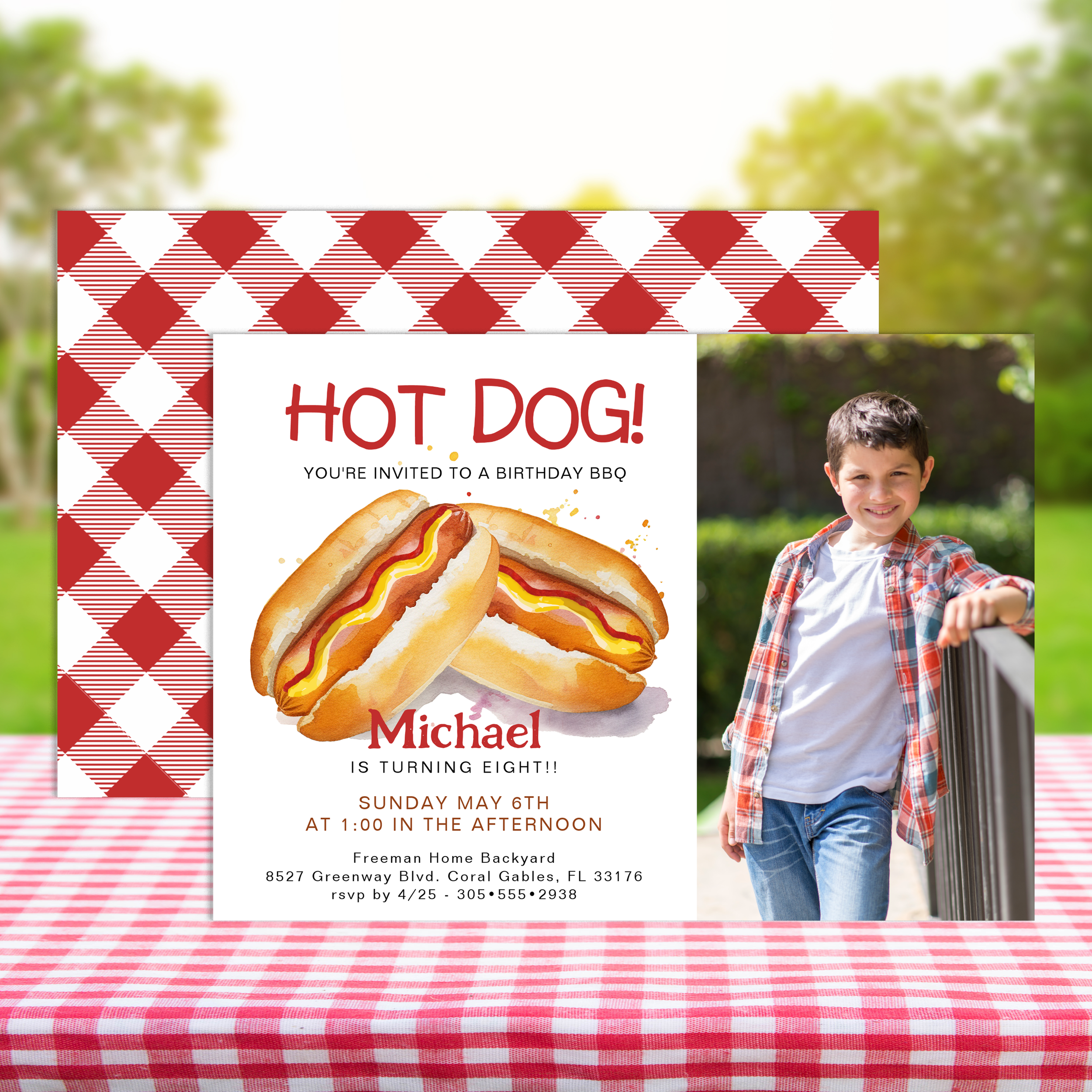 Hot dog photo birthday invitation for kids with gingham picnic styling