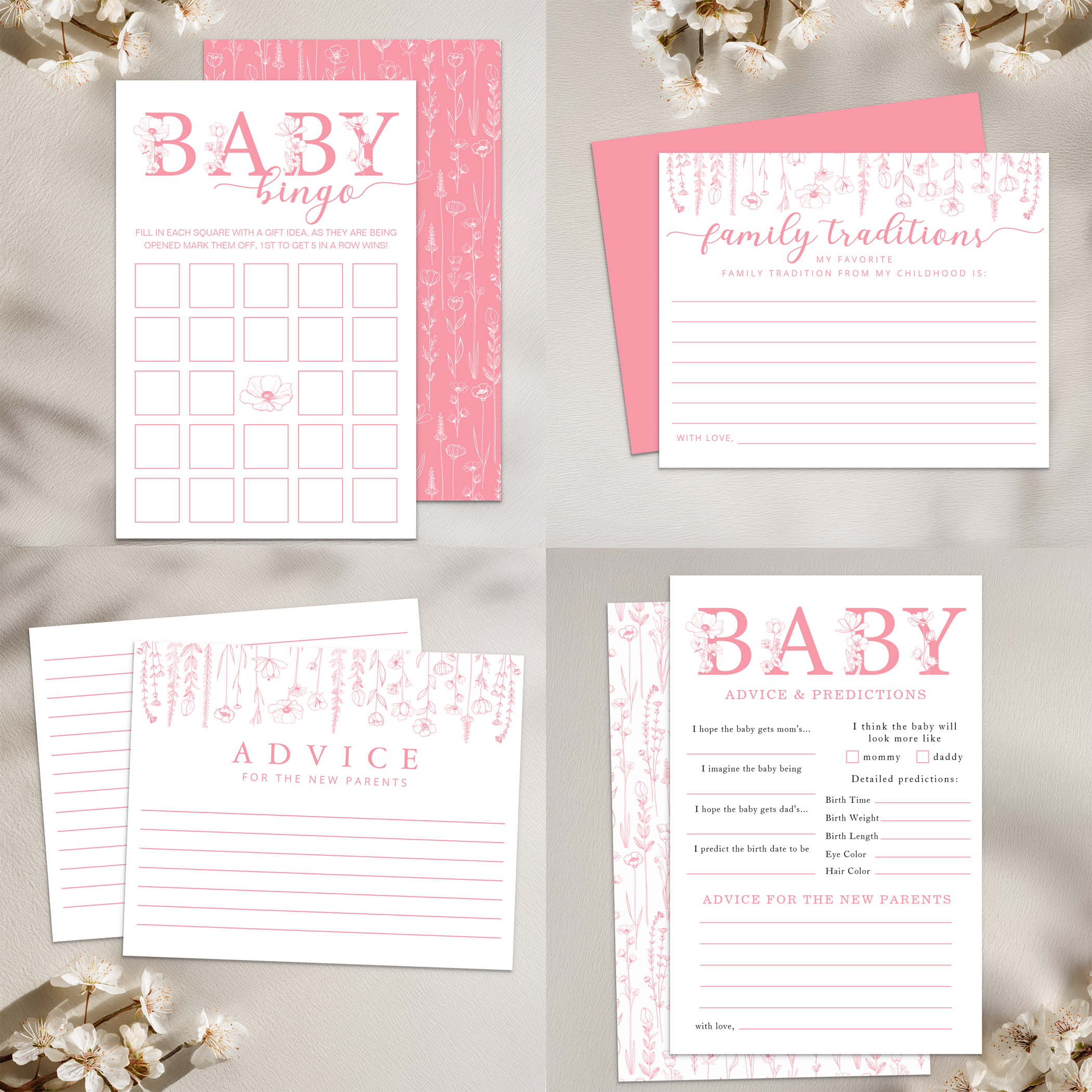 Dusty pink wildflower baby shower games including bingo, advice cards, predictions, and family traditions cards with elegant floral design