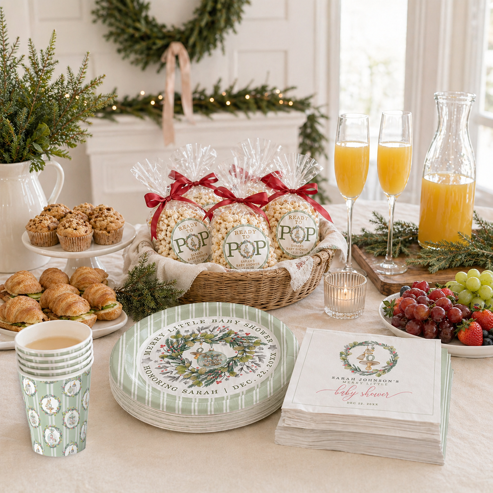 Elegant holiday baby shower table styled with sage green striped paper plates, matching cups and napkins, popcorn favor bags