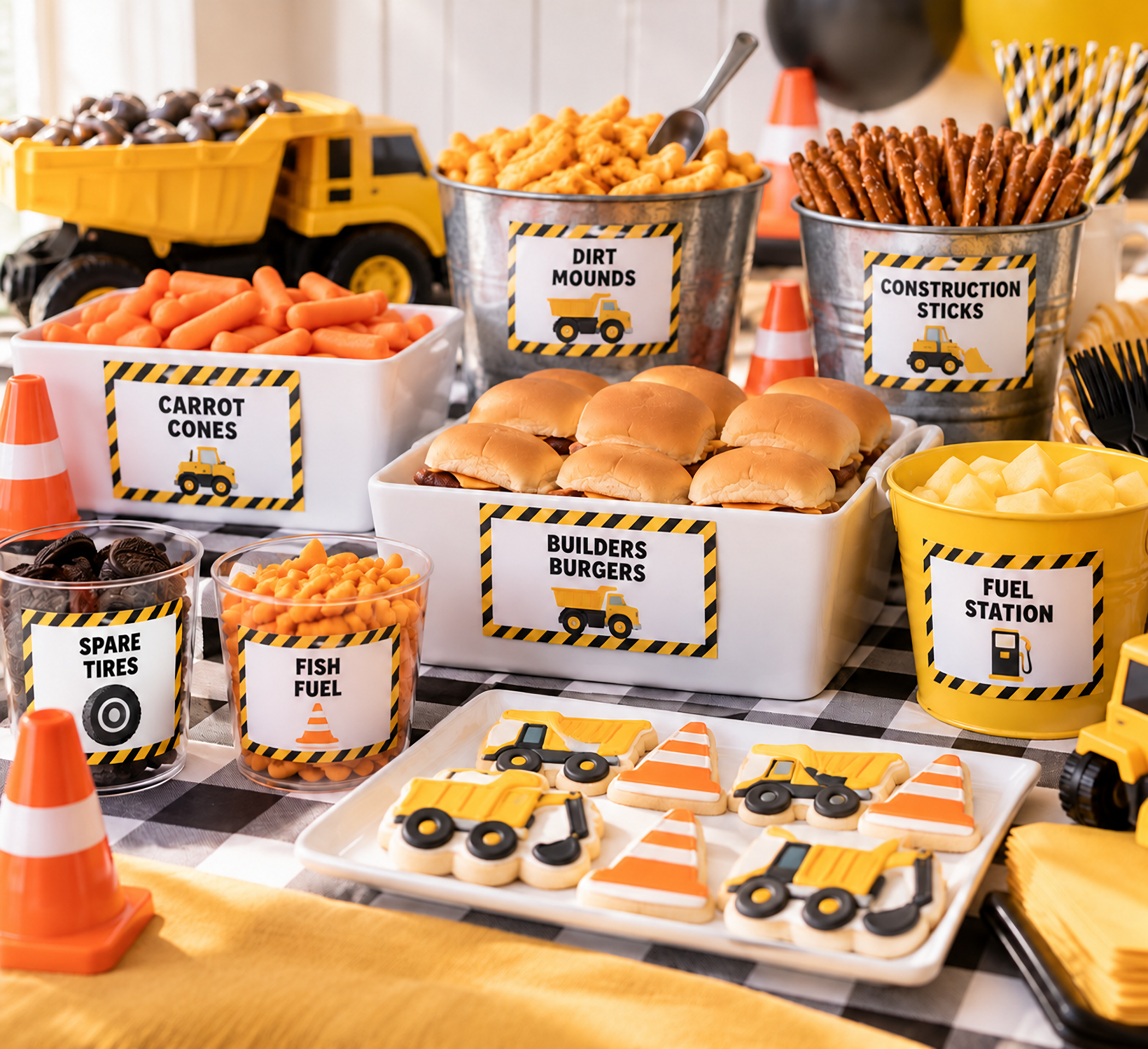 Construction birthday party food table with sliders, carrots, pretzels, snack mix, cookies, toy dump truck, traffic cones, and themed food labels including Builders Burgers, Carrot Cones, Spare Tires, and Fuel Station.