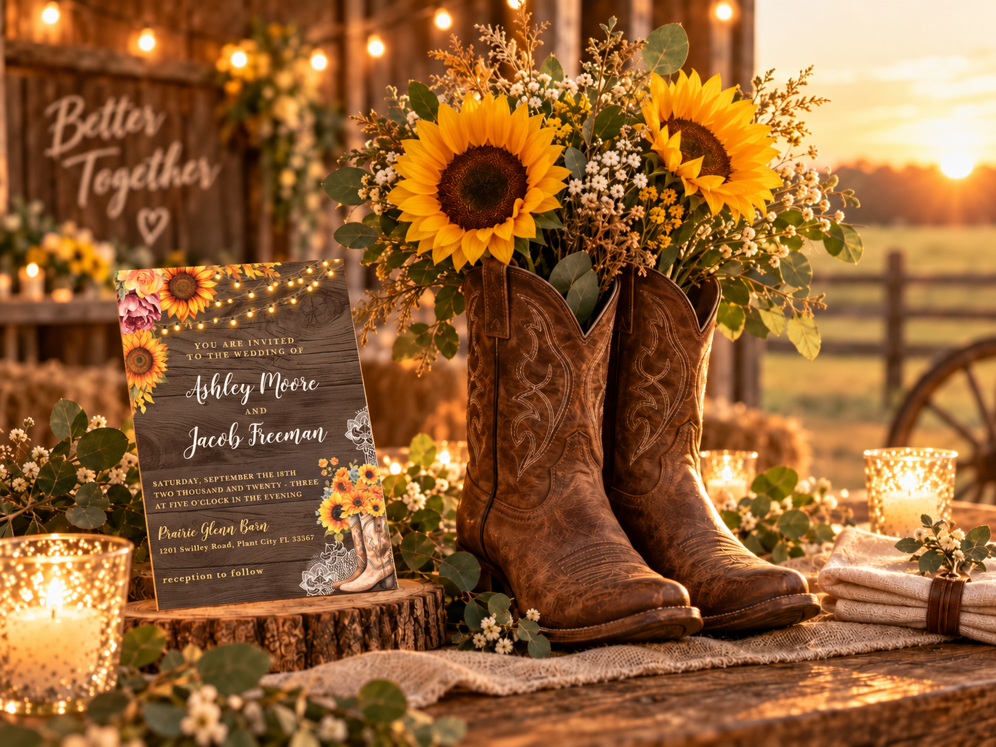Western rustic barn wedding scene with cowboy boots filled with sunflowers, glowing string lights, candles, greenery, and a personalized sunflower wedding invitation.