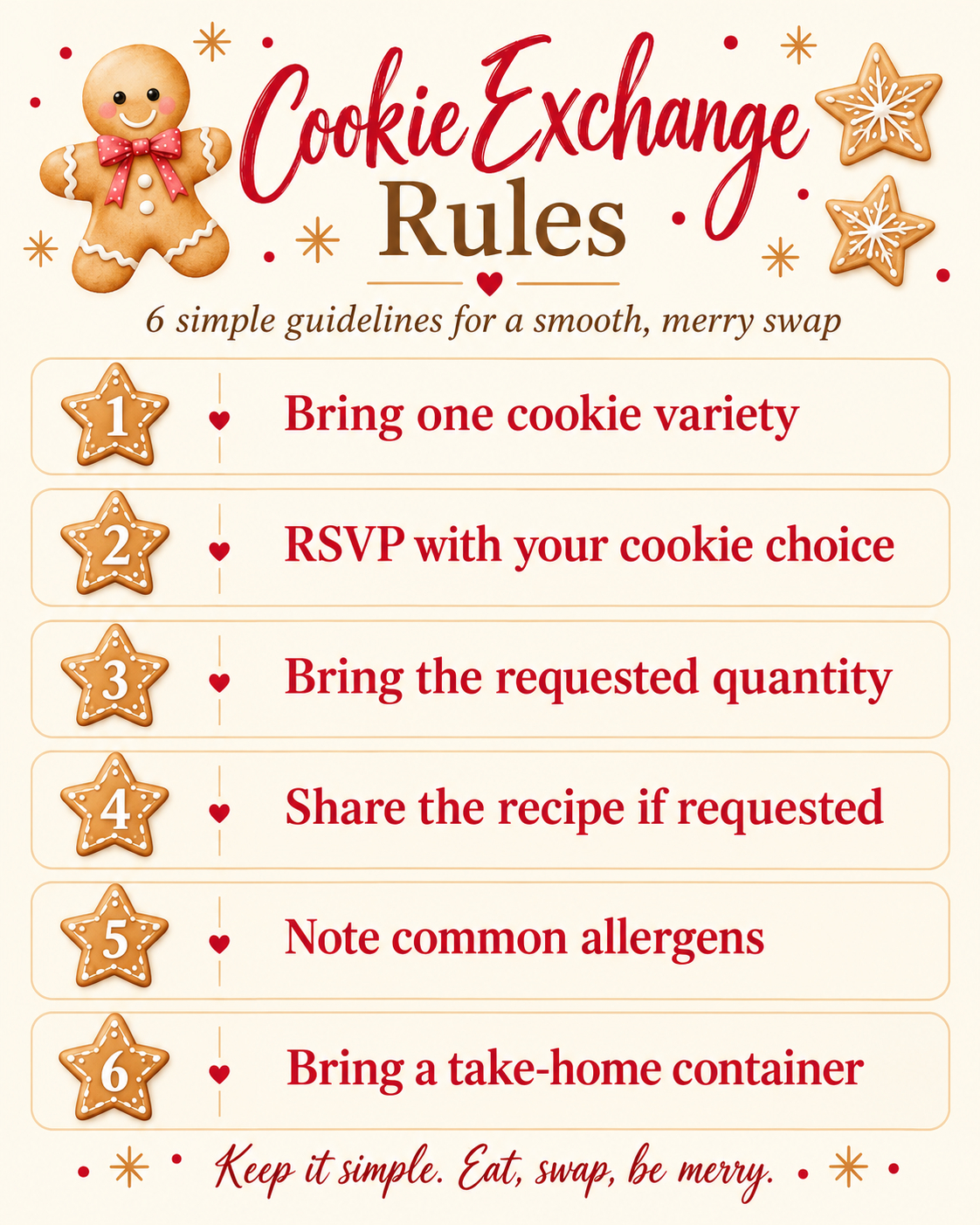 Gingerbread-themed cookie exchange rules graphic with simple host guidelines in red and brown text on a cream background.