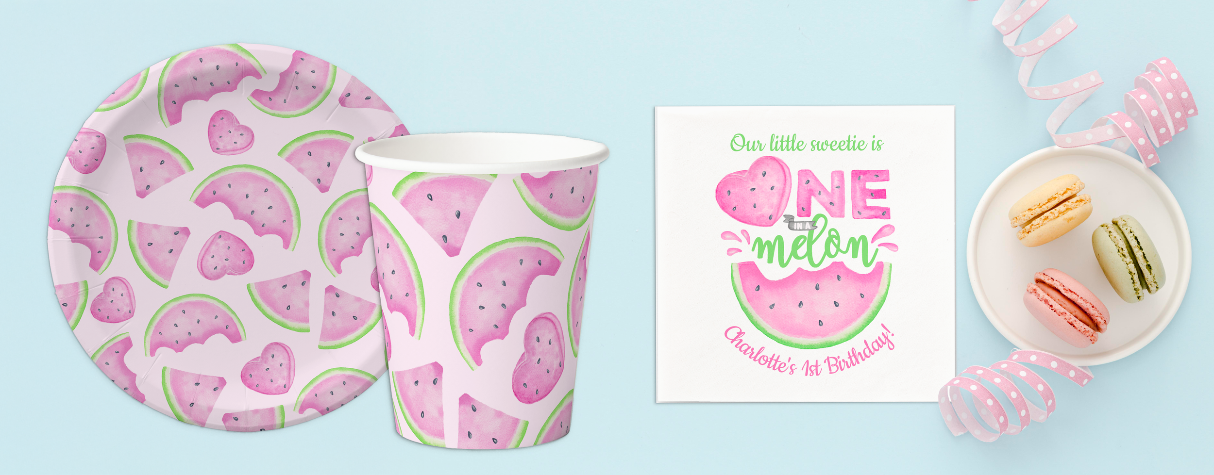 One in a Melon watermelon birthday party tableware with pink and green paper plates, cups, and matching first birthday sign styled with macarons