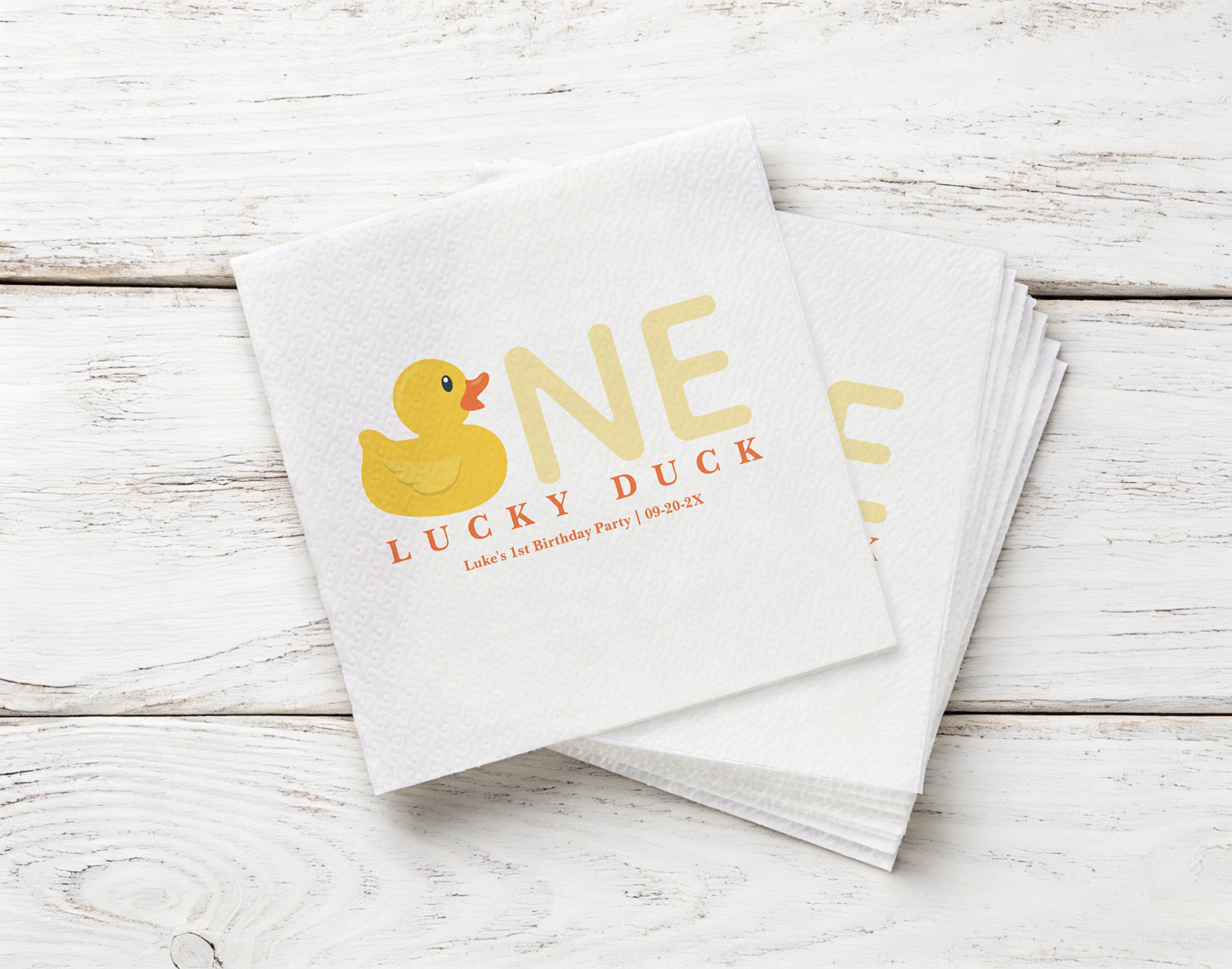 Custom One Lucky Duck birthday napkins for party table decor