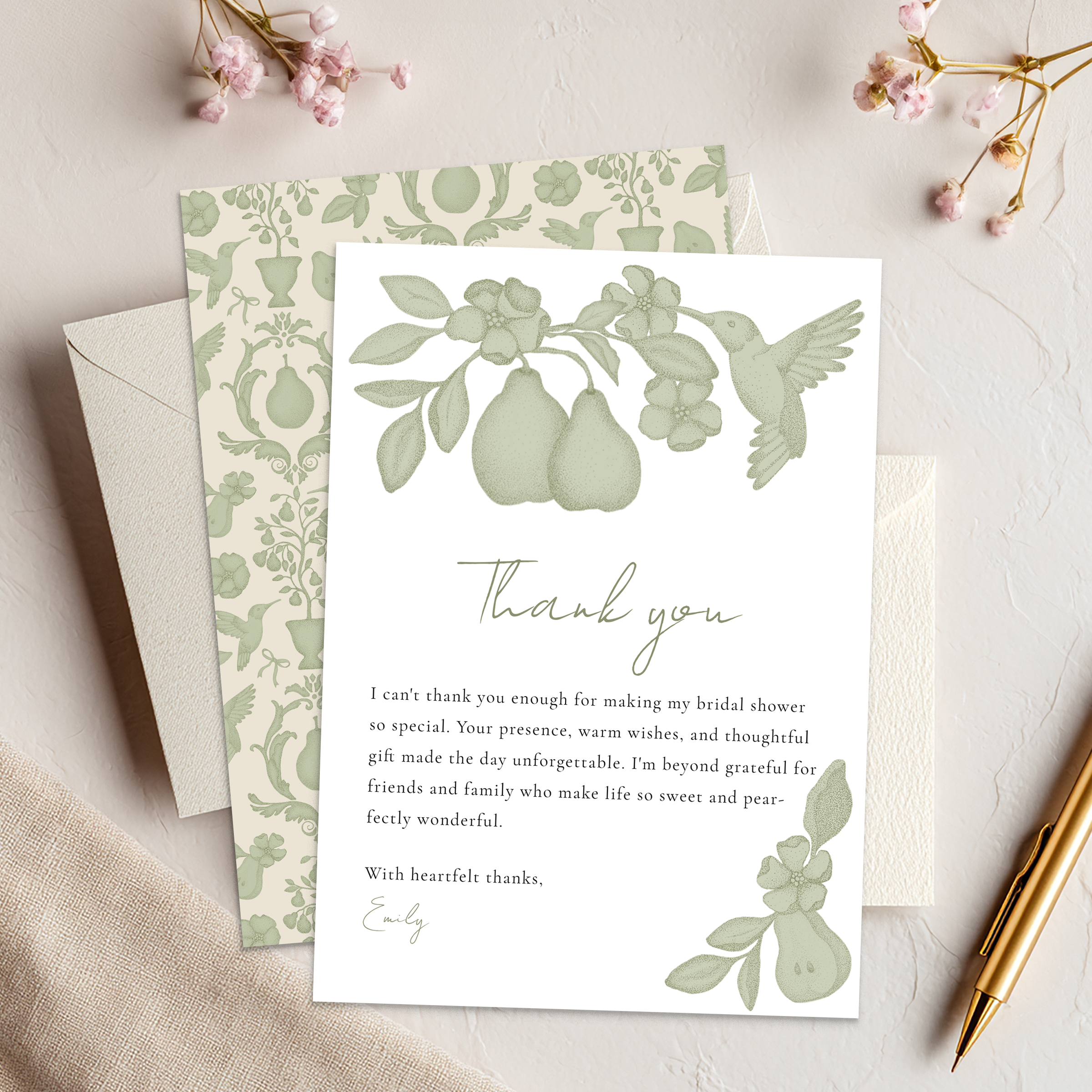 Perfect pear bridal shower thank you card with pear blossoms and soft sage green script