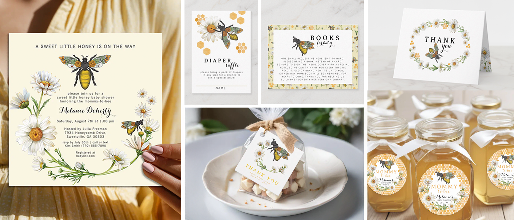 Honey bee baby shower theme featuring a floral bee invitation, diaper raffle card, books for baby card, thank you card, favor tags, and honey jar favors with daisy flowers and honeycomb accents.