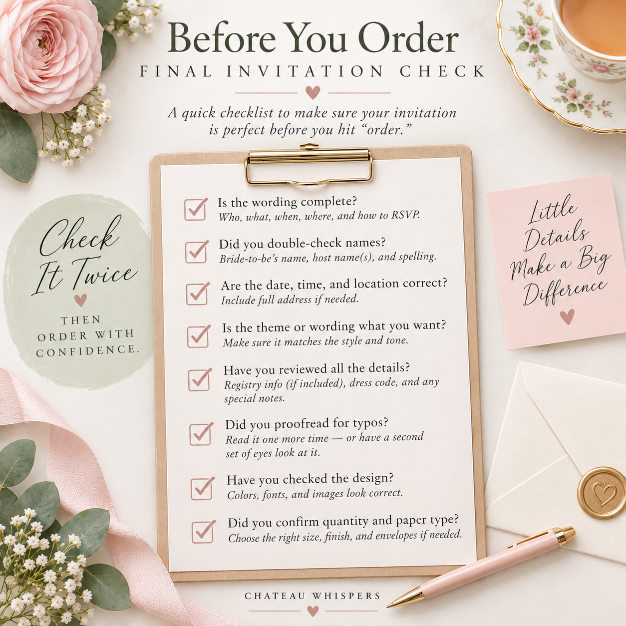 Bridal shower invitation final checklist infographic with items to review before ordering, including wording, names, date and time, location, RSVP details, registry information, proofreading, design, quantity, and paper type.