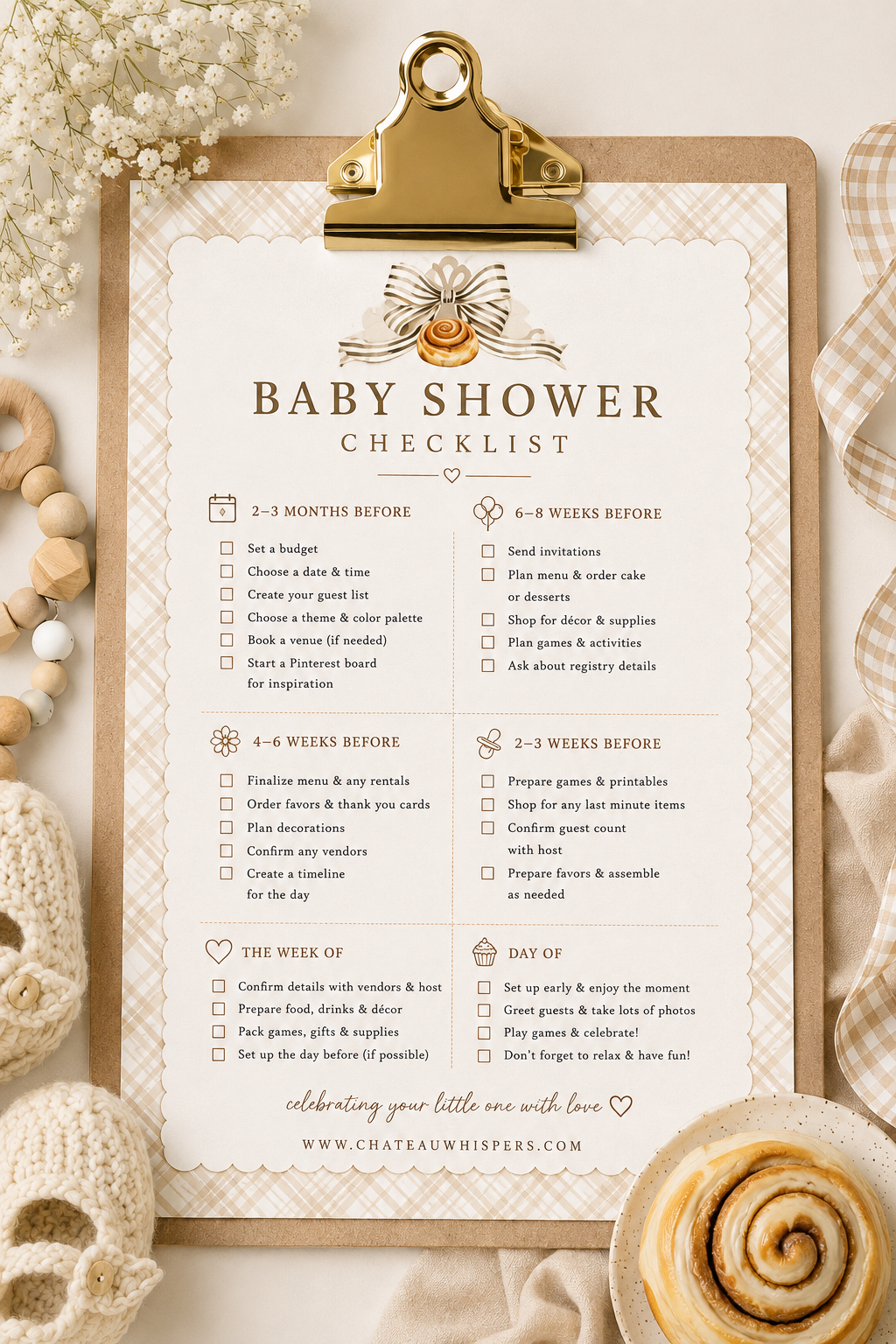 Printable baby shower planning checklist with a step-by-step timeline for organizing a baby shower.