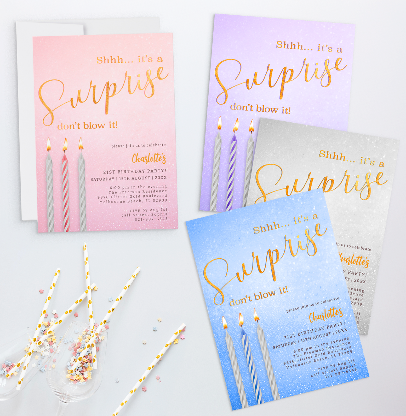 Collection of surprise birthday party invitations in pink, purple, blue, and silver with gold script lettering and candle design for elegant adult milestone celebrations.