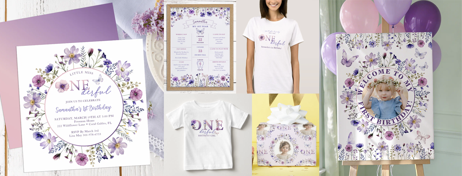 Little Miss ONEderful first birthday party collection featuring a personalized wildflower invitation, welcome sign, milestone poster, birthday shirts, and coordinating gift wrap with lavender flowers and butterflies.