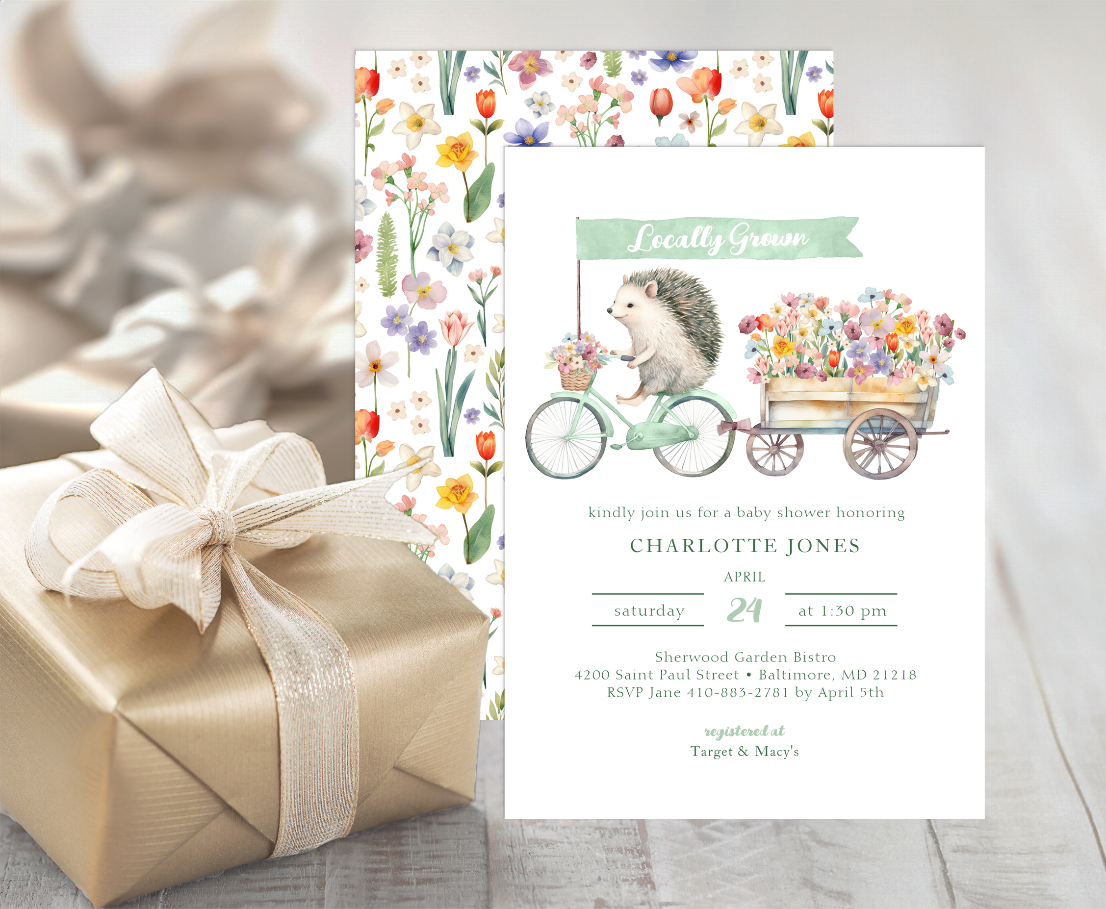 Locally grown hedgehog baby shower invitation with sage green and watercolor floral design